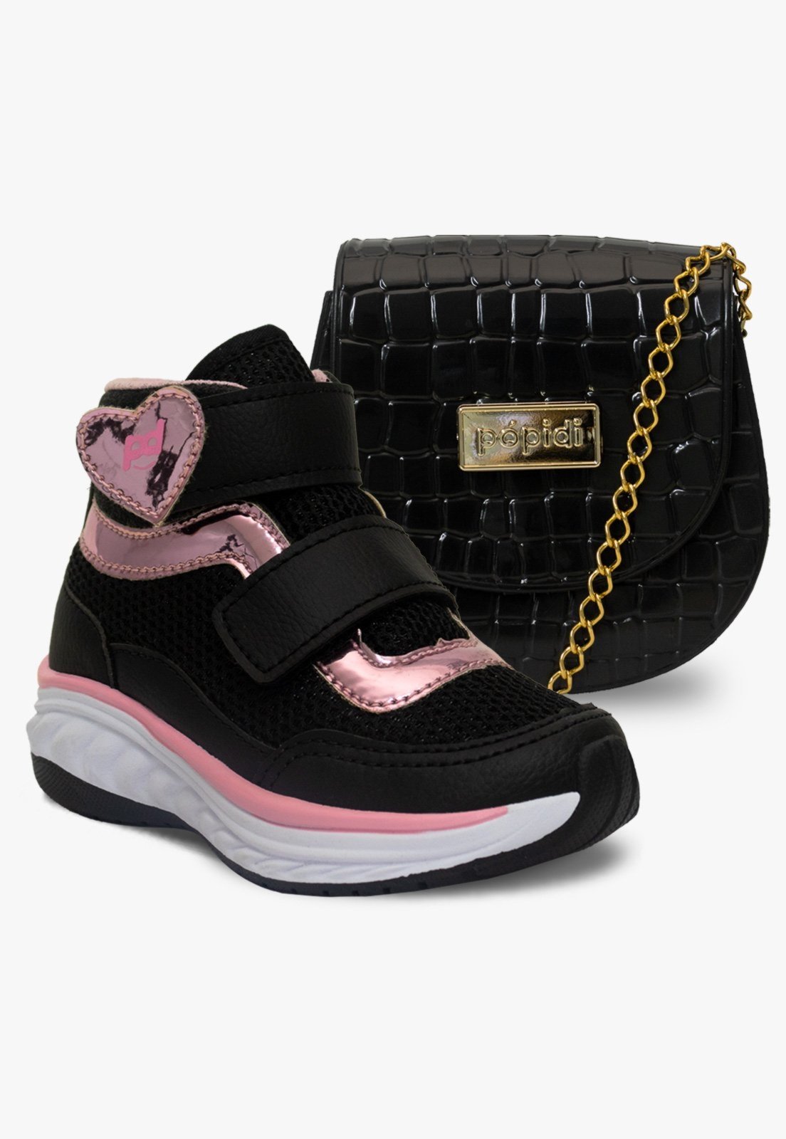 Vista 2 Infantil - Kit Bolsa e Tenis Menina Cano Alto Pópidi preto Pópidí preto
