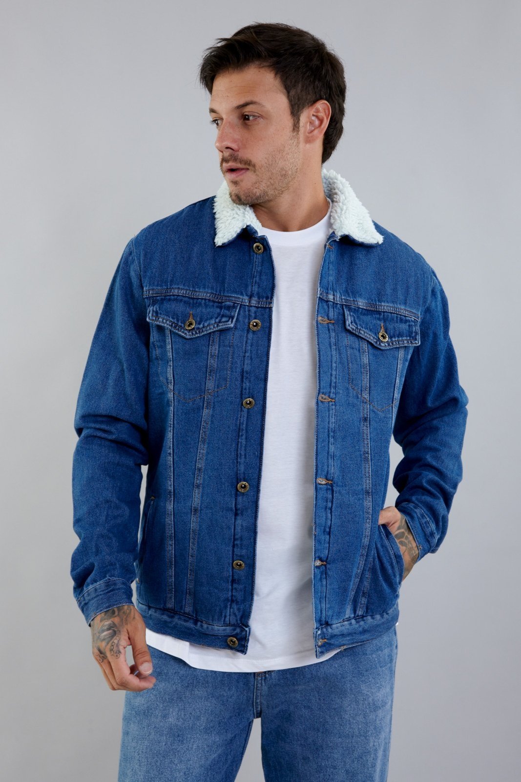 Jaqueta Jeans Dialogo Masculina Trucker Forrada Com Bolsos Azul Escuro