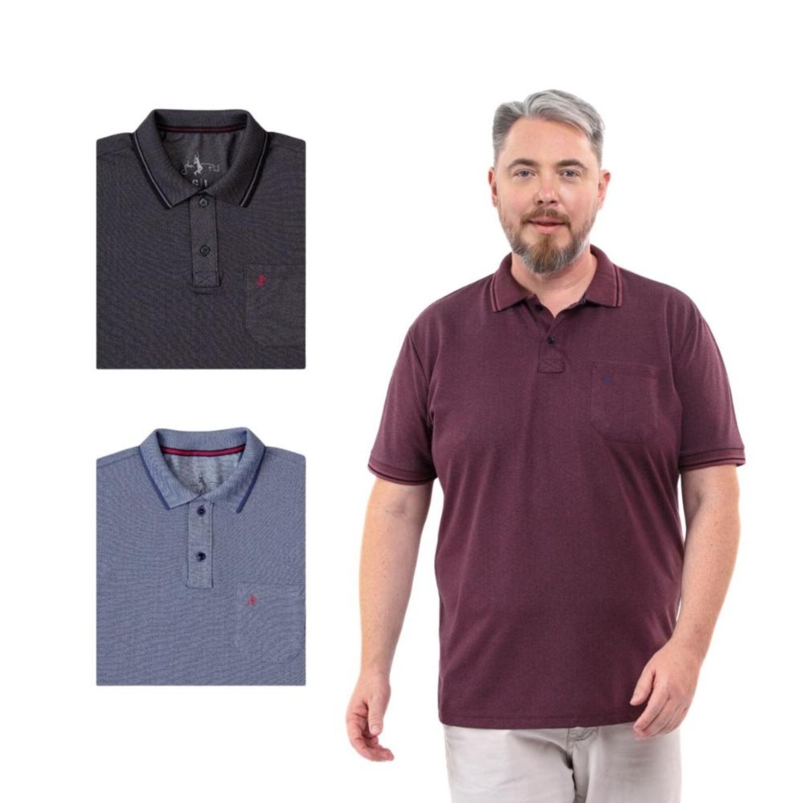 Kit 3 Camisa Polo Masculina Plus Size Pique com Bolso Casual