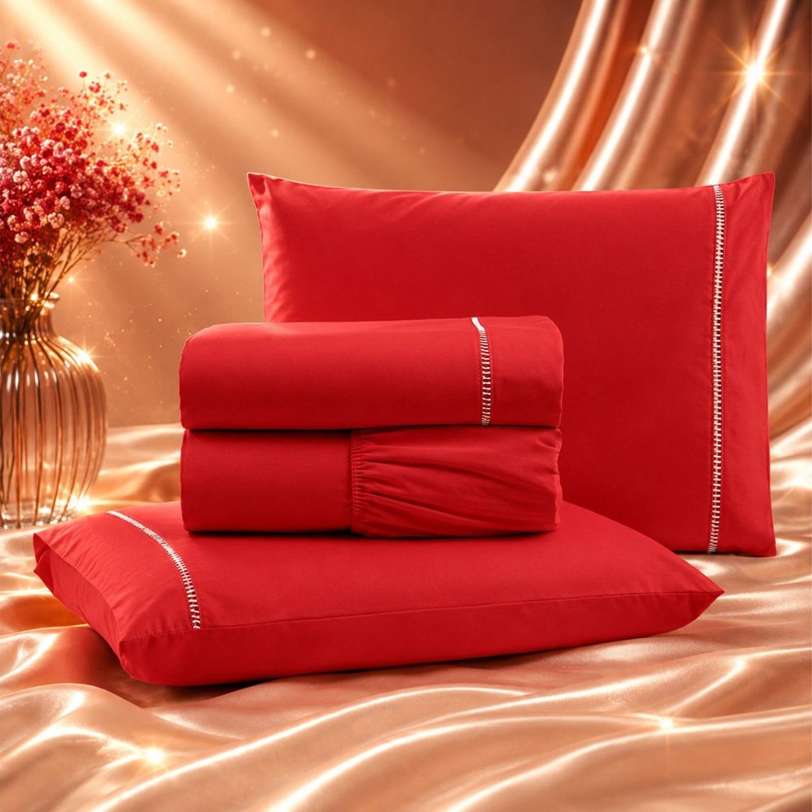 Jogo de Cama Lençol Quality Queen Micropercal 600 fios Macio 4 Peças - Vermelho