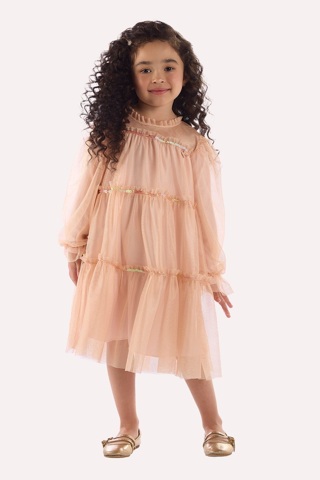 Infantil - Vestido Salmão em Tule Três Marias com Lantejoulas