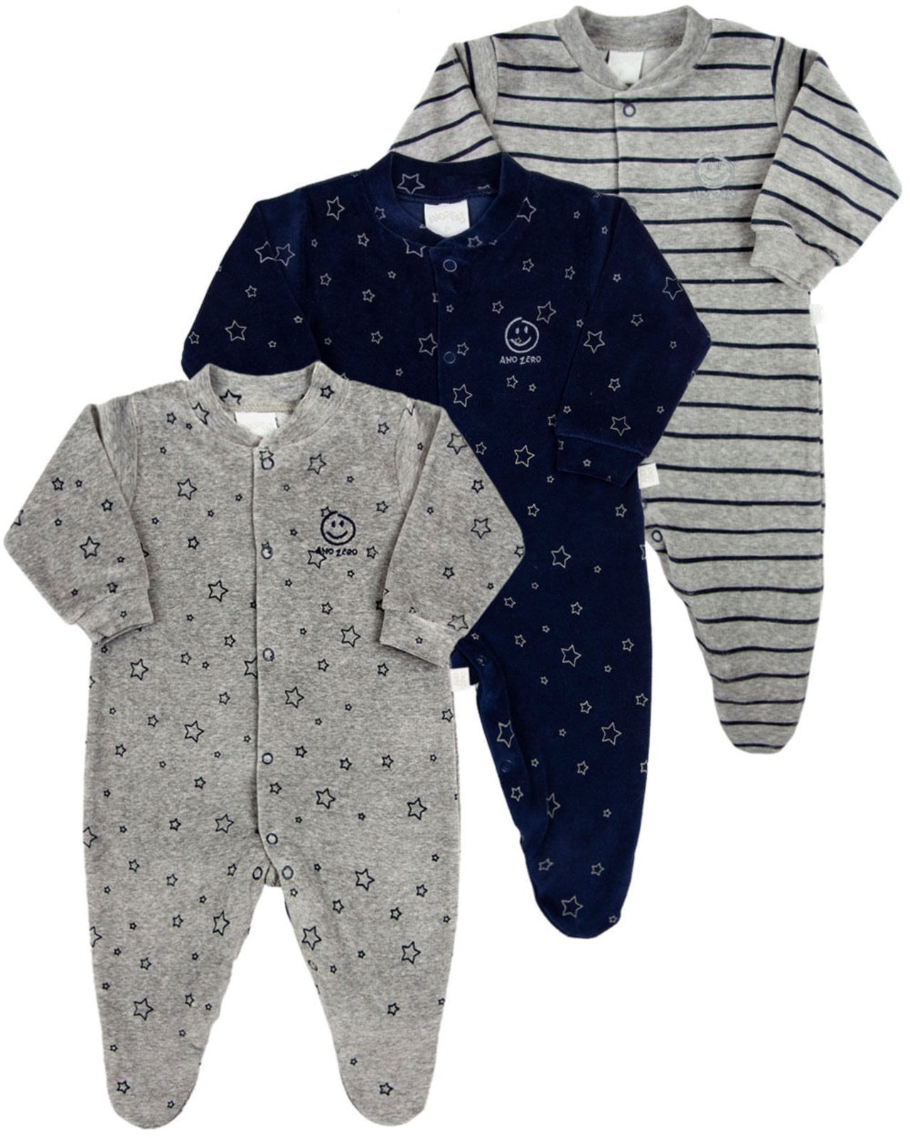 Infantil - Macacão Menino Plush Estampado e Listrado Kit Macacão Plush Menino 3 Peças - Marinho