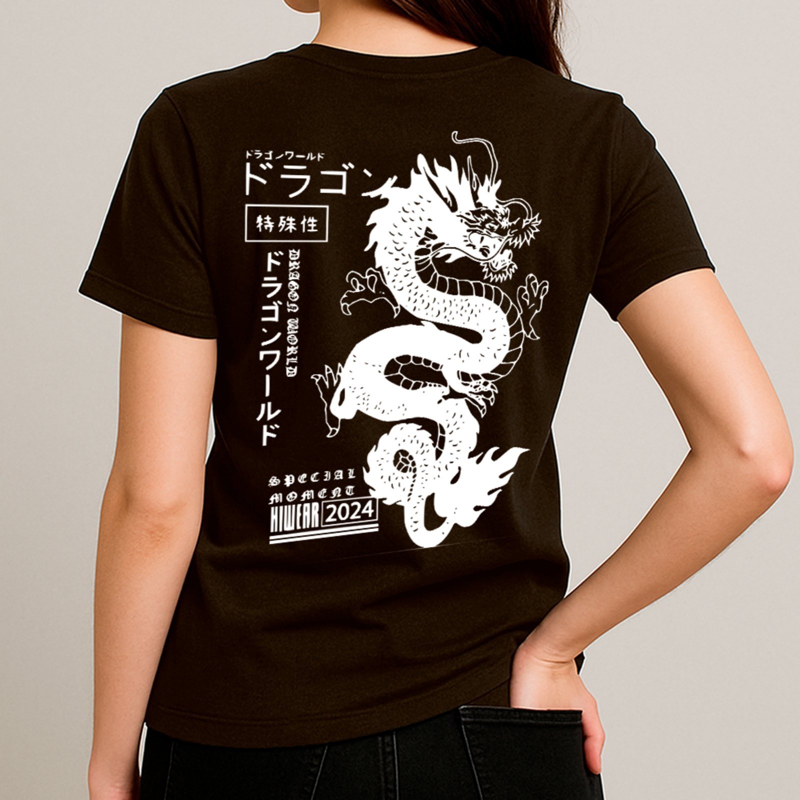 Camiseta Básica Dragão Japonês Estilo Oriental Streetwear Unissex Marrom