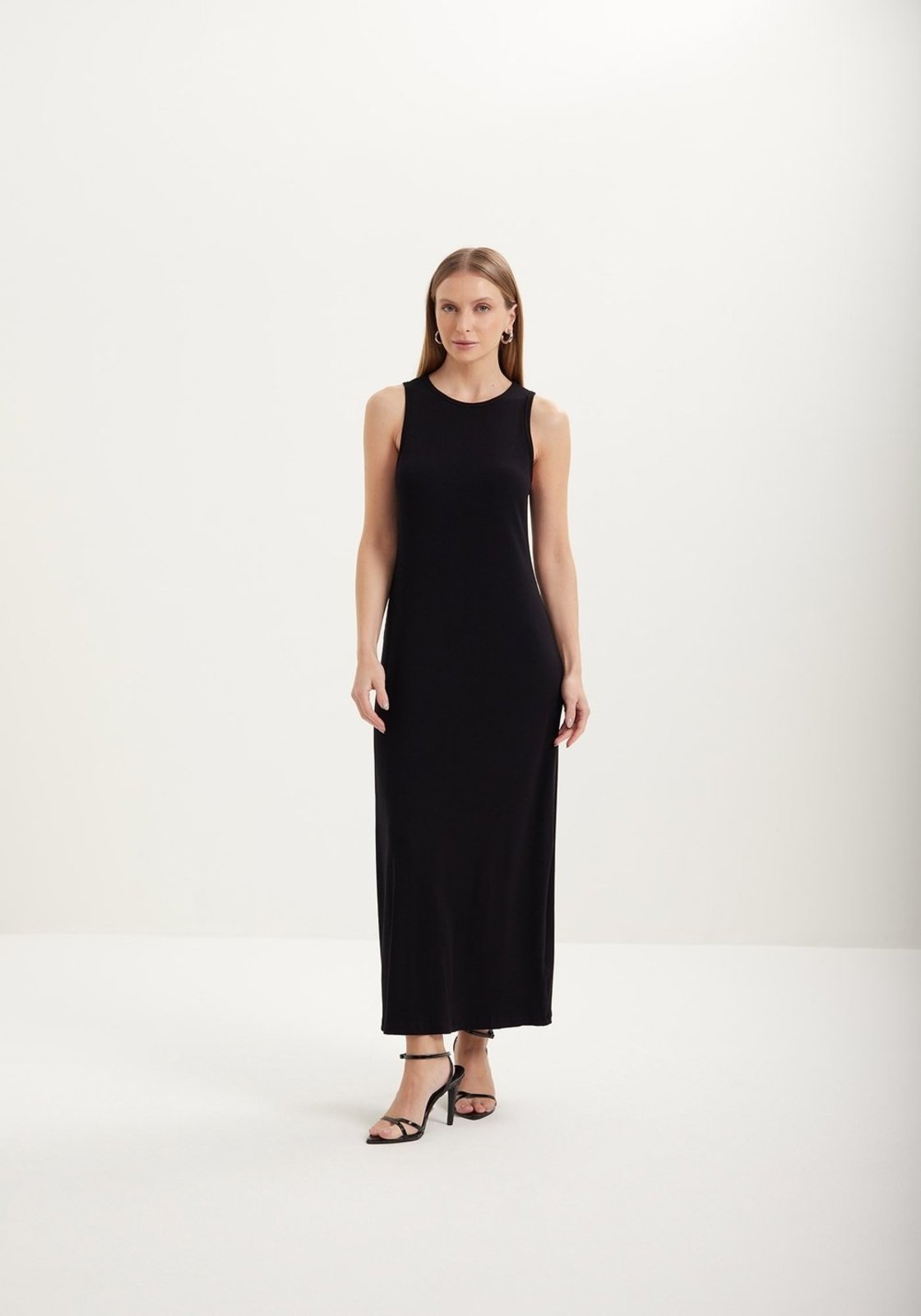 Vista 3 Vestido Chá Sem Mangas Em Malha Canelada preto preto