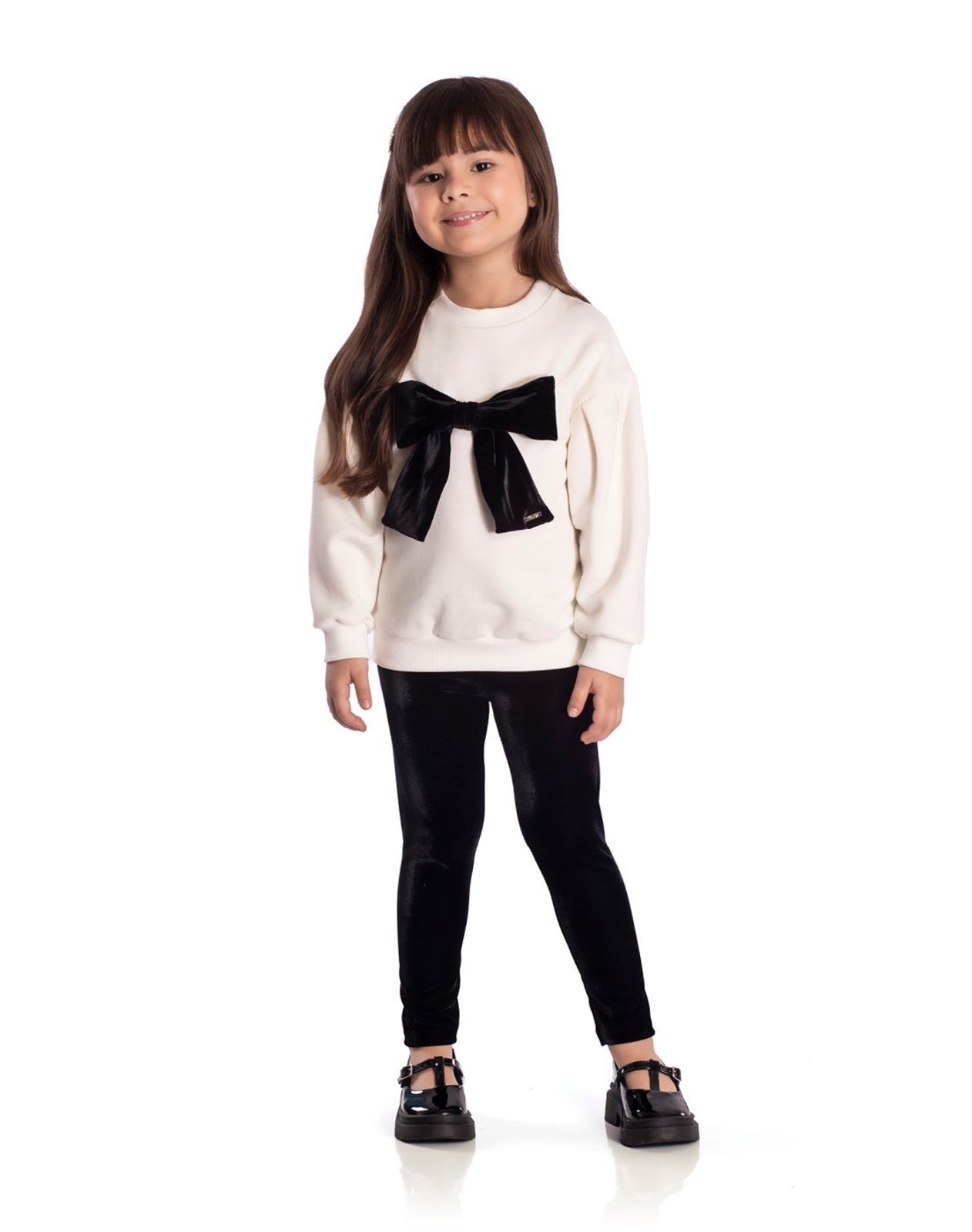 Infantil - Conj. casaco moletom off white laço + calça legging veludo preto