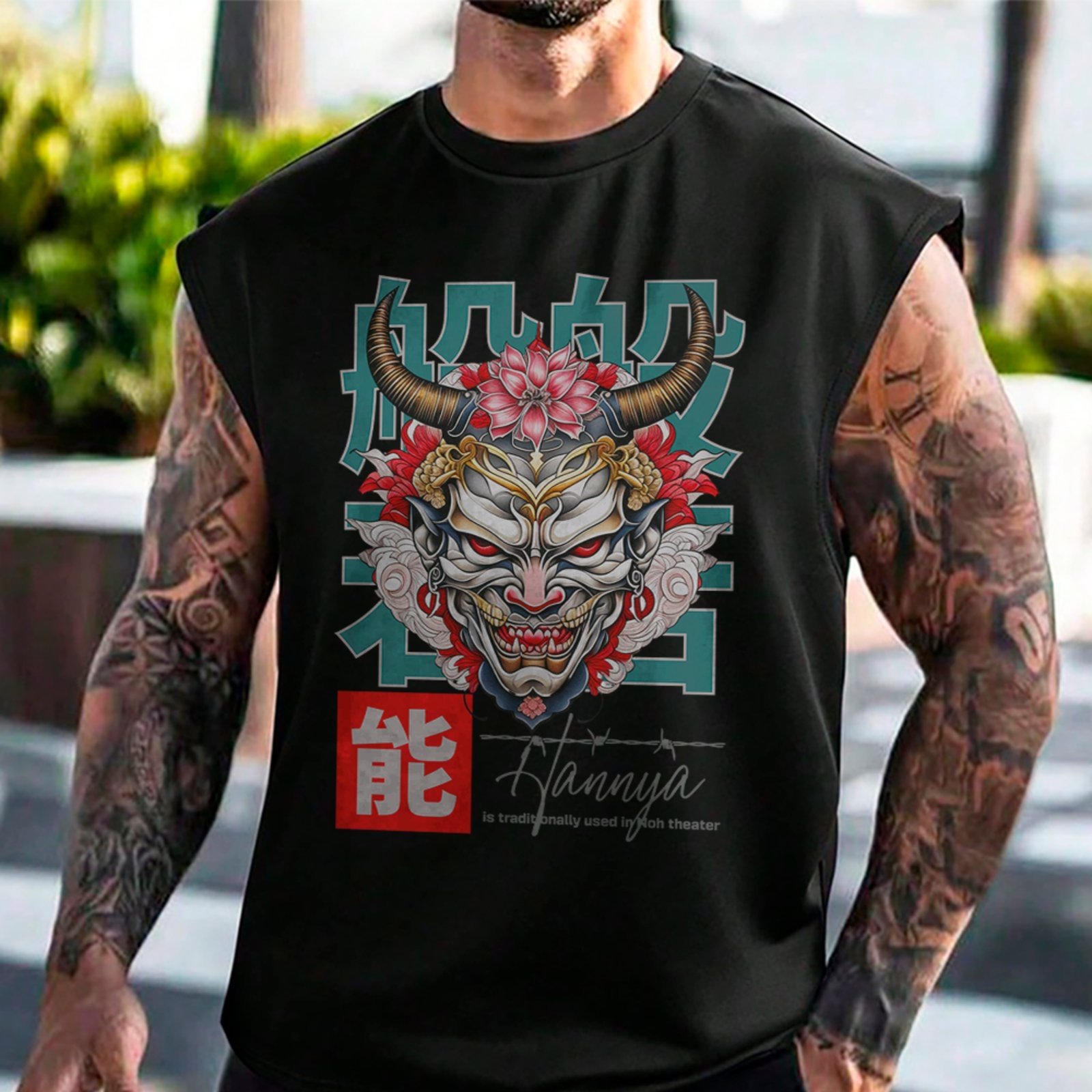 Camiseta Regata Machão Máscara Oni Japão Oriental Hannya Estilo Urbano Preto