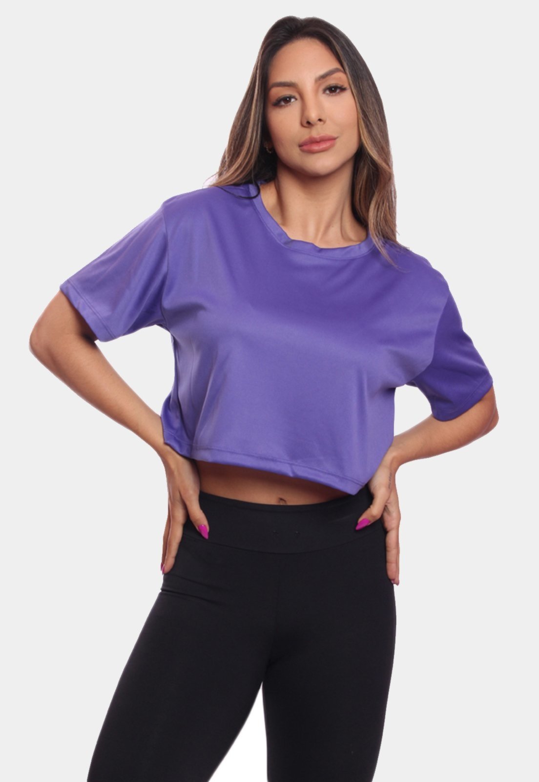 Cropped Manga Curta Feminino Dry Proteção UV Blusa Blusinha Academia Treino Roxo