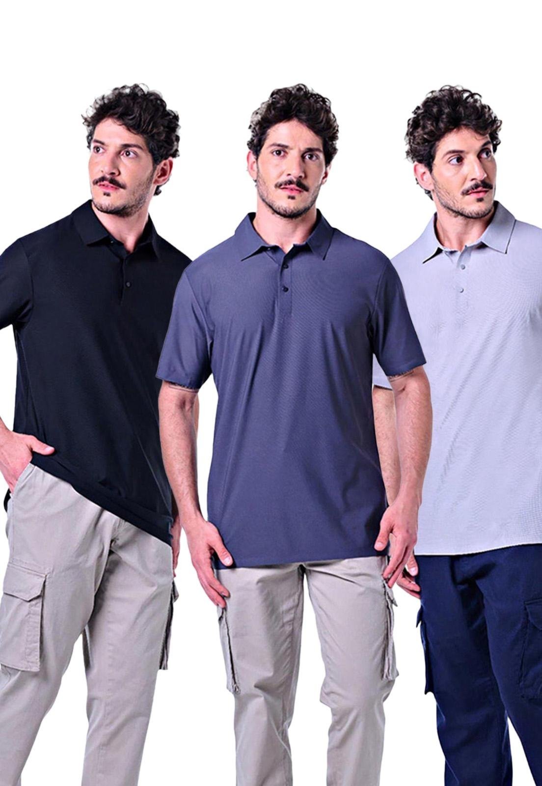 Kit 3 Polos Masculinas Com Botão Cinza