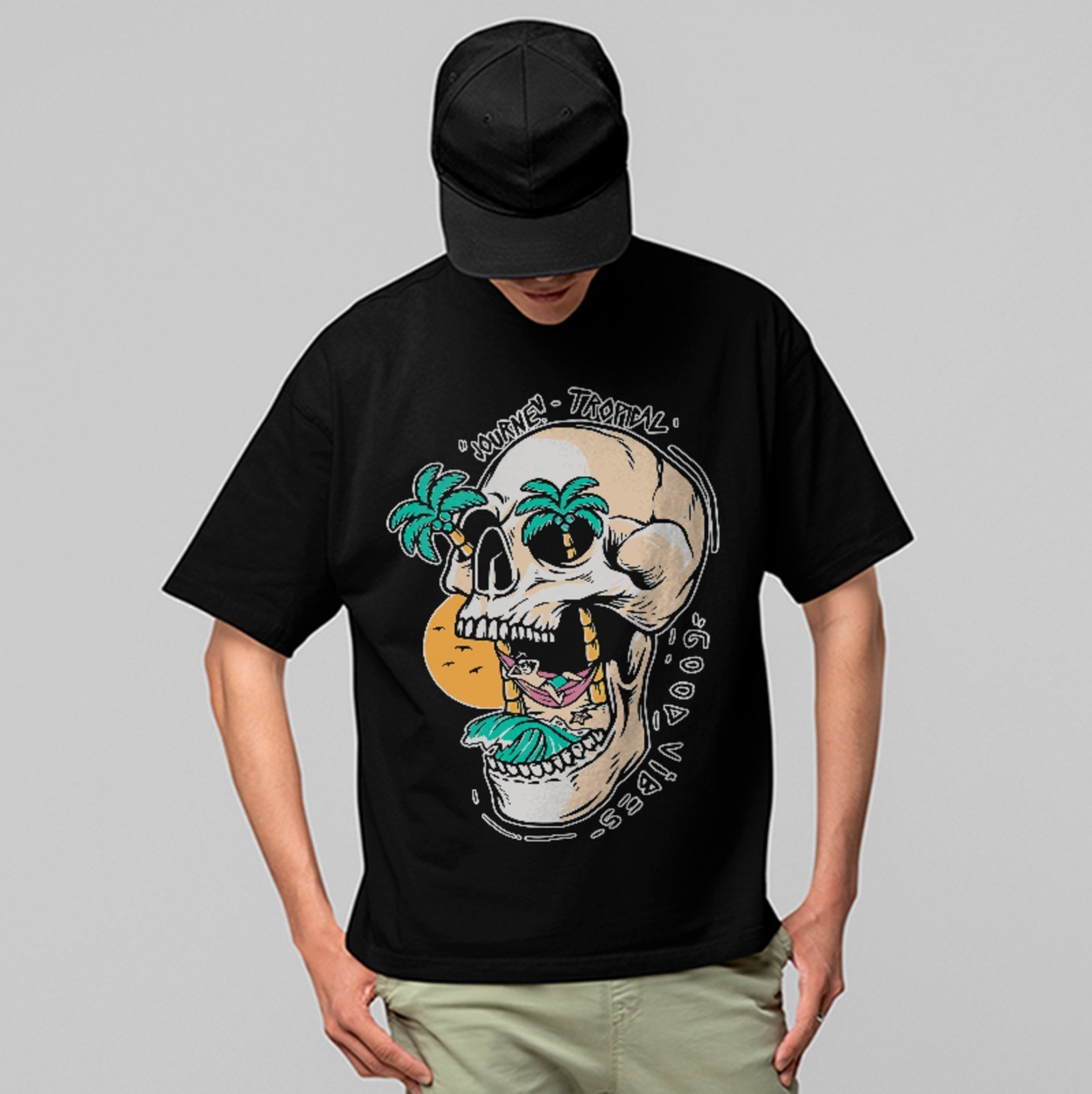 Camiseta Oversized Caveira Tropical Journey Good Vibes Unissex Preto