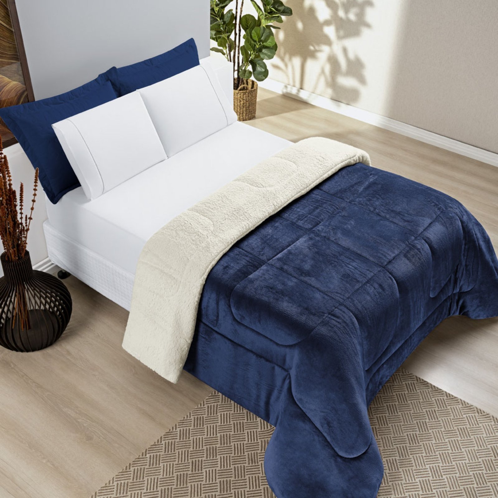 Coberdrom Casa Scarpa Apollo Queen Sherpa Pele de Carneiro + Manta Flannel - Azul Marinho