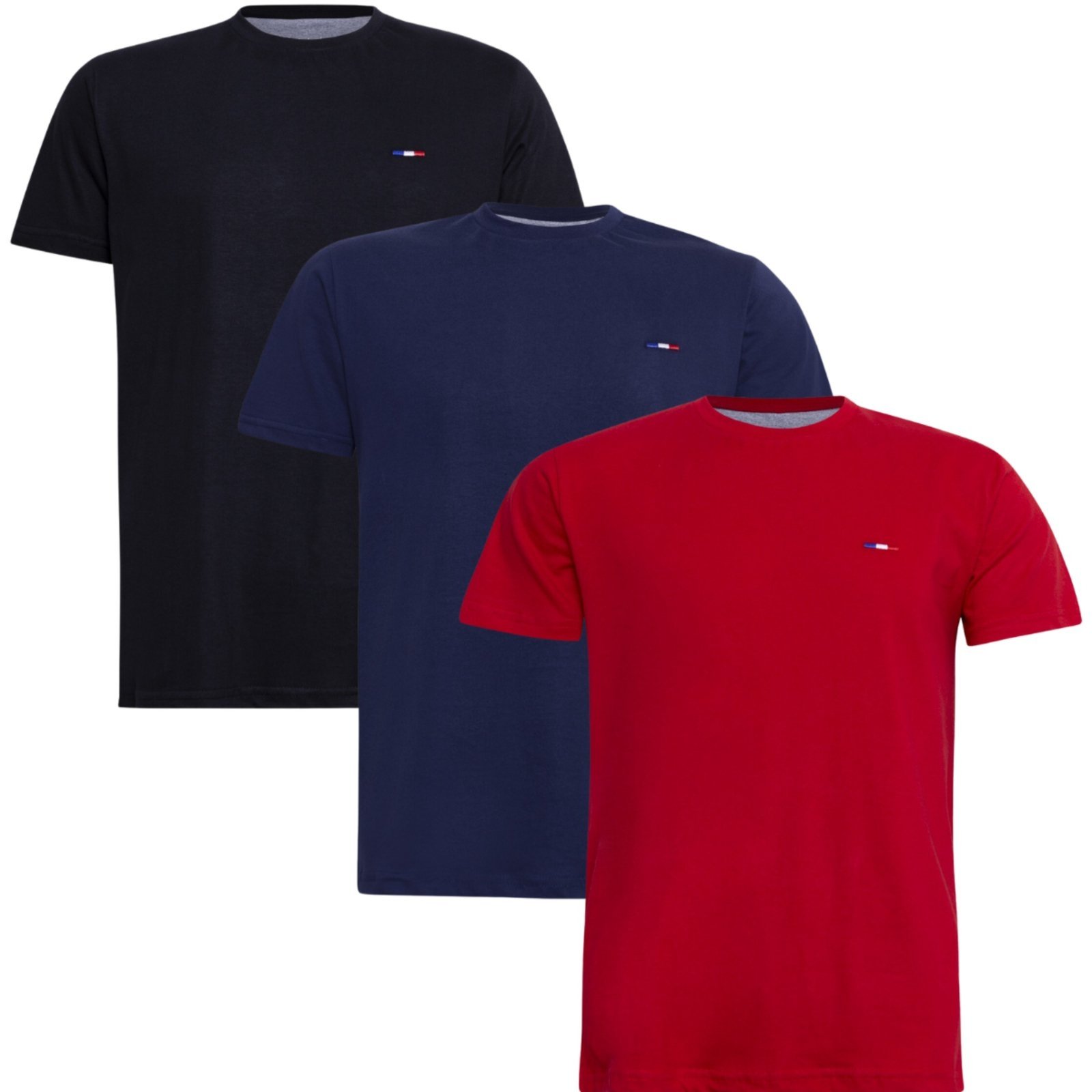 Kit 3 Peças Camisetas Básicas Masculina Industrie em Algodão Premium no Estilo Tommy Bordado França Vermelho Preto Marin