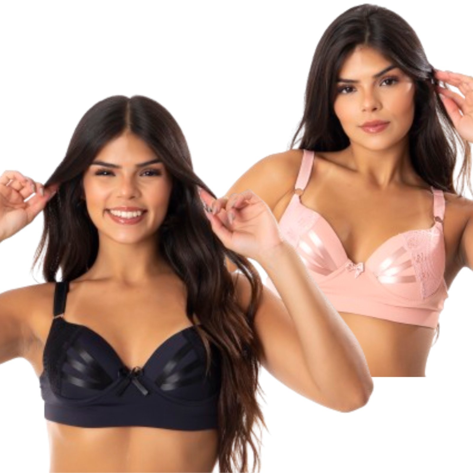 Kit 2 Sutiã De Bojo Reforçado Reflexo Íntimo Com Bojo Detalhes Em Fita Cetim Preto e Rosa