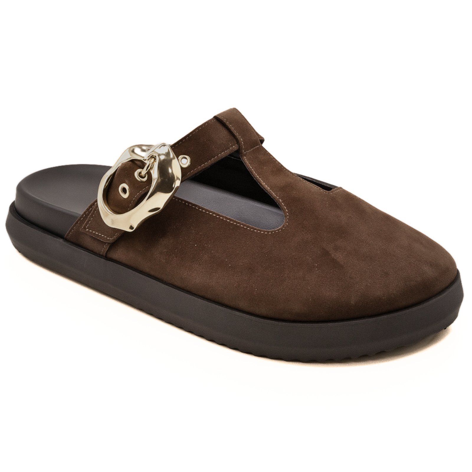 Mule Clog Feminino Papete Flat Feminina Camurça Marrom 008