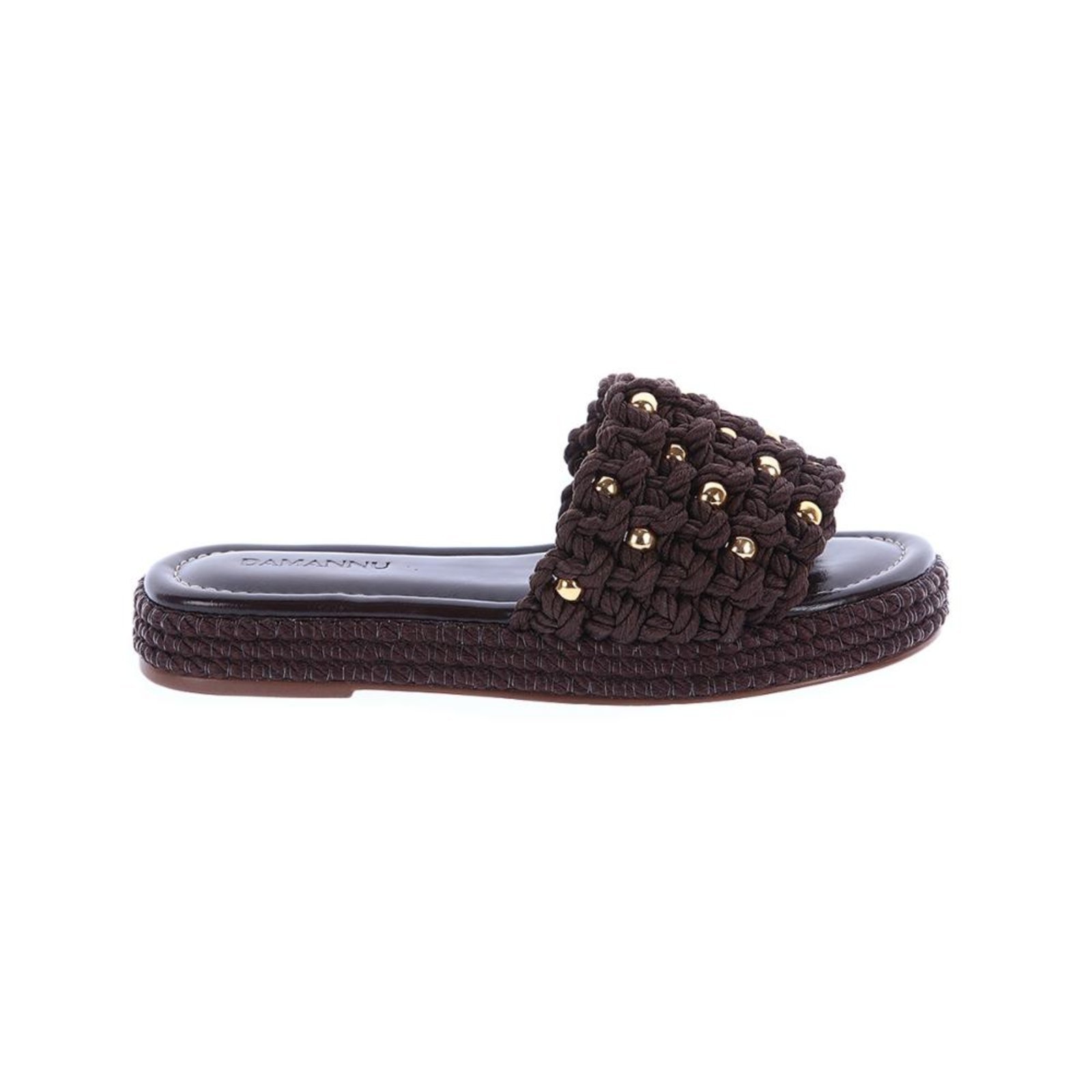 Ingrid – Flat Rasteira Corda Trançadas Marrom Esferas Douradas Marrom