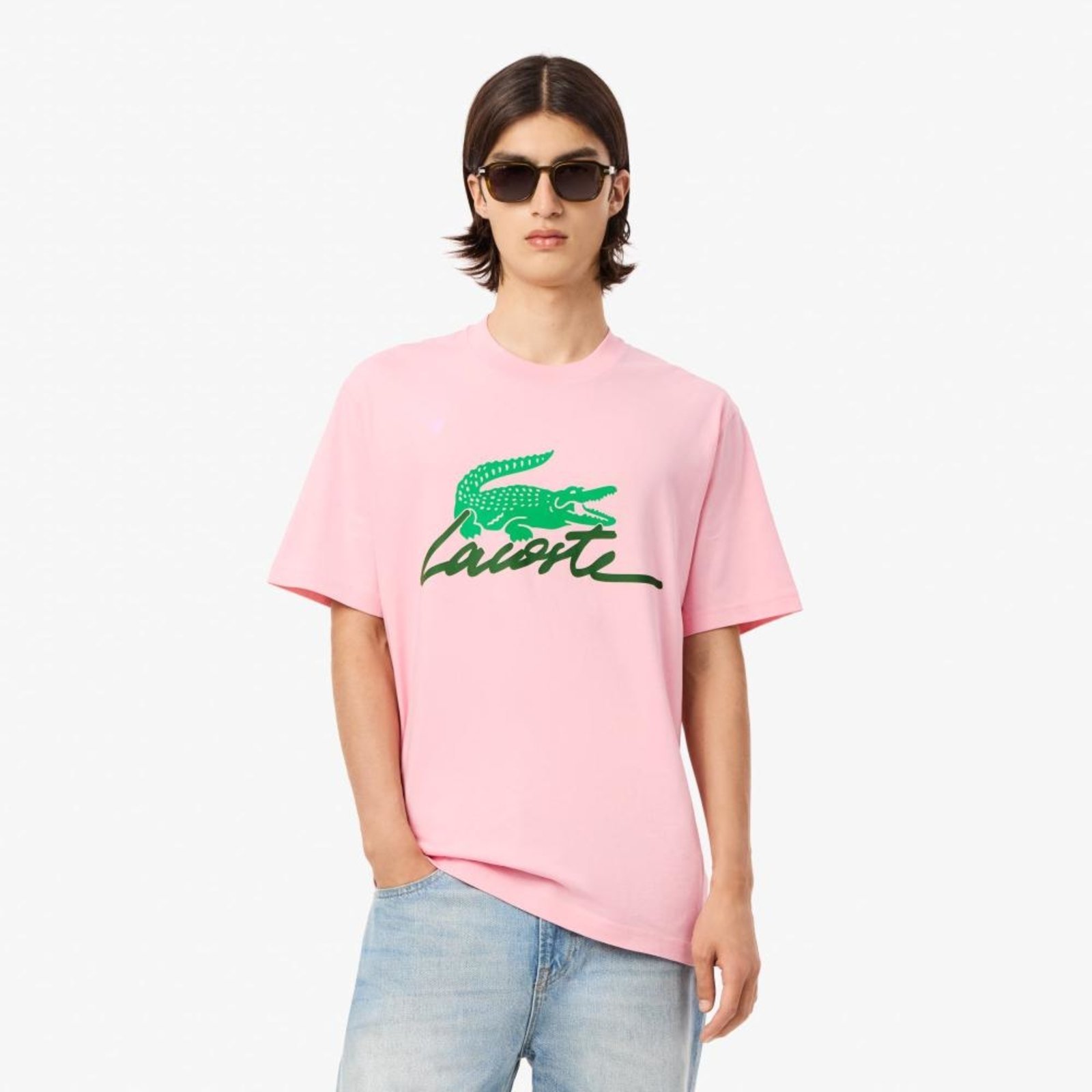 Camiseta Lacoste de malha de algodão de caimento clássico Rosa