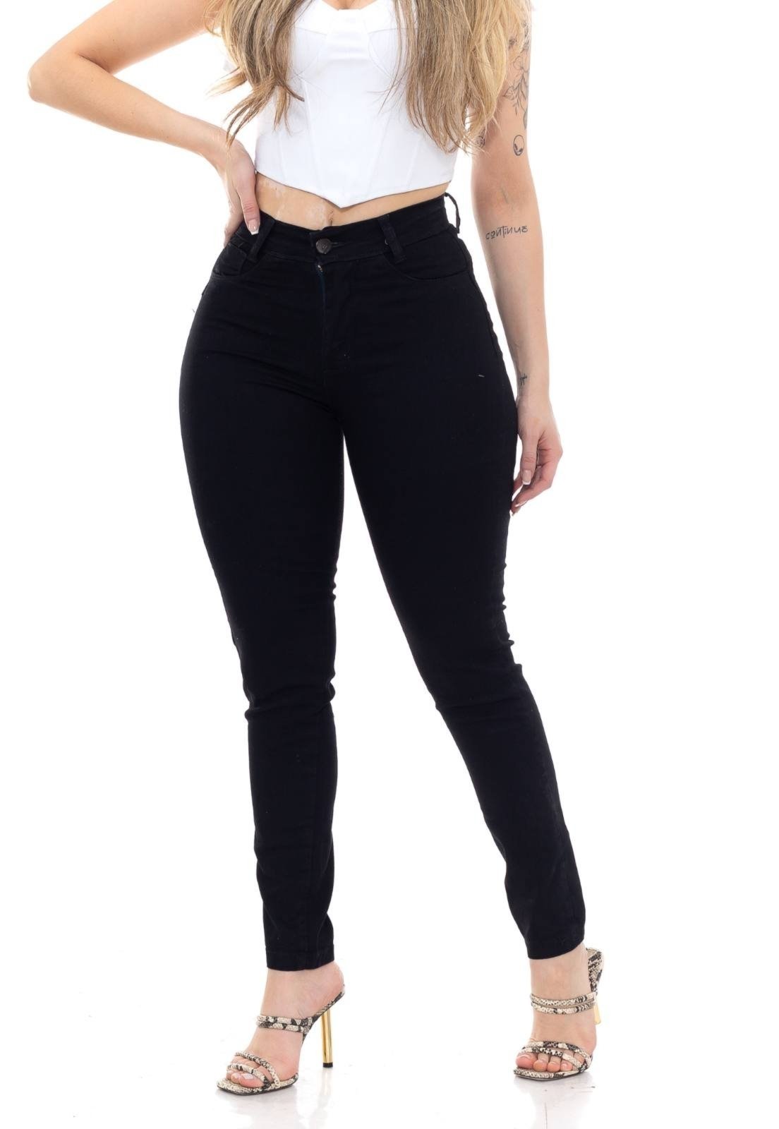 Calça Sarja Elegante Feminina Skinny Cintura Alta Preta Tecido Premium
