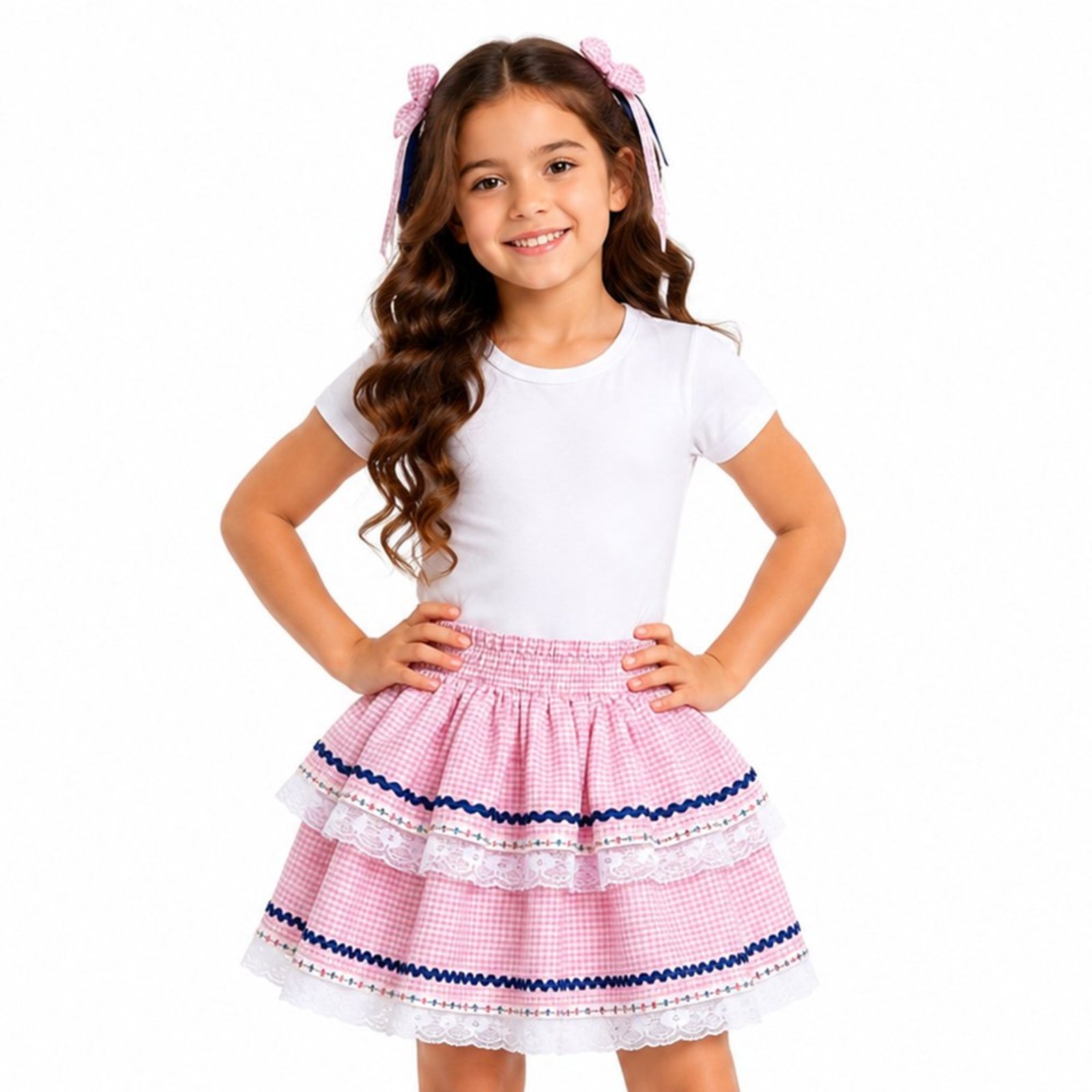Infantil - Saia Junina Juvenil Look Jeans Babado Xadrez Rosa