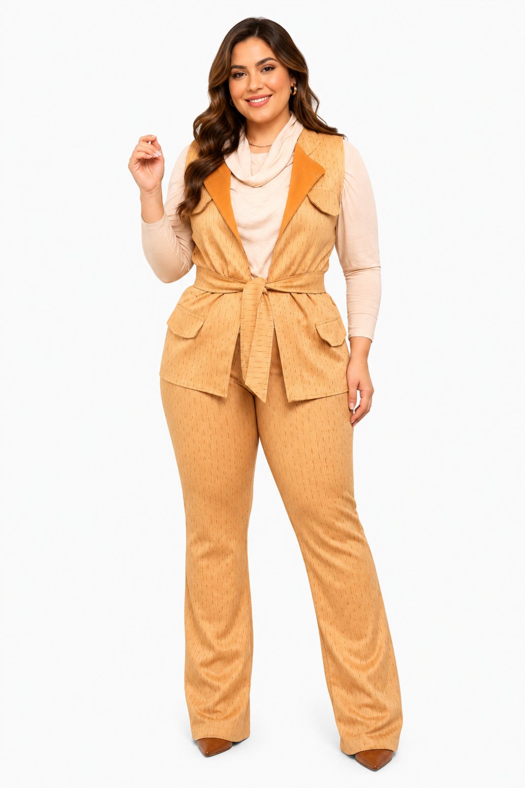 Conjunto D Bell Outlet Fashion Alfaiataria Suede Caramelo Claro