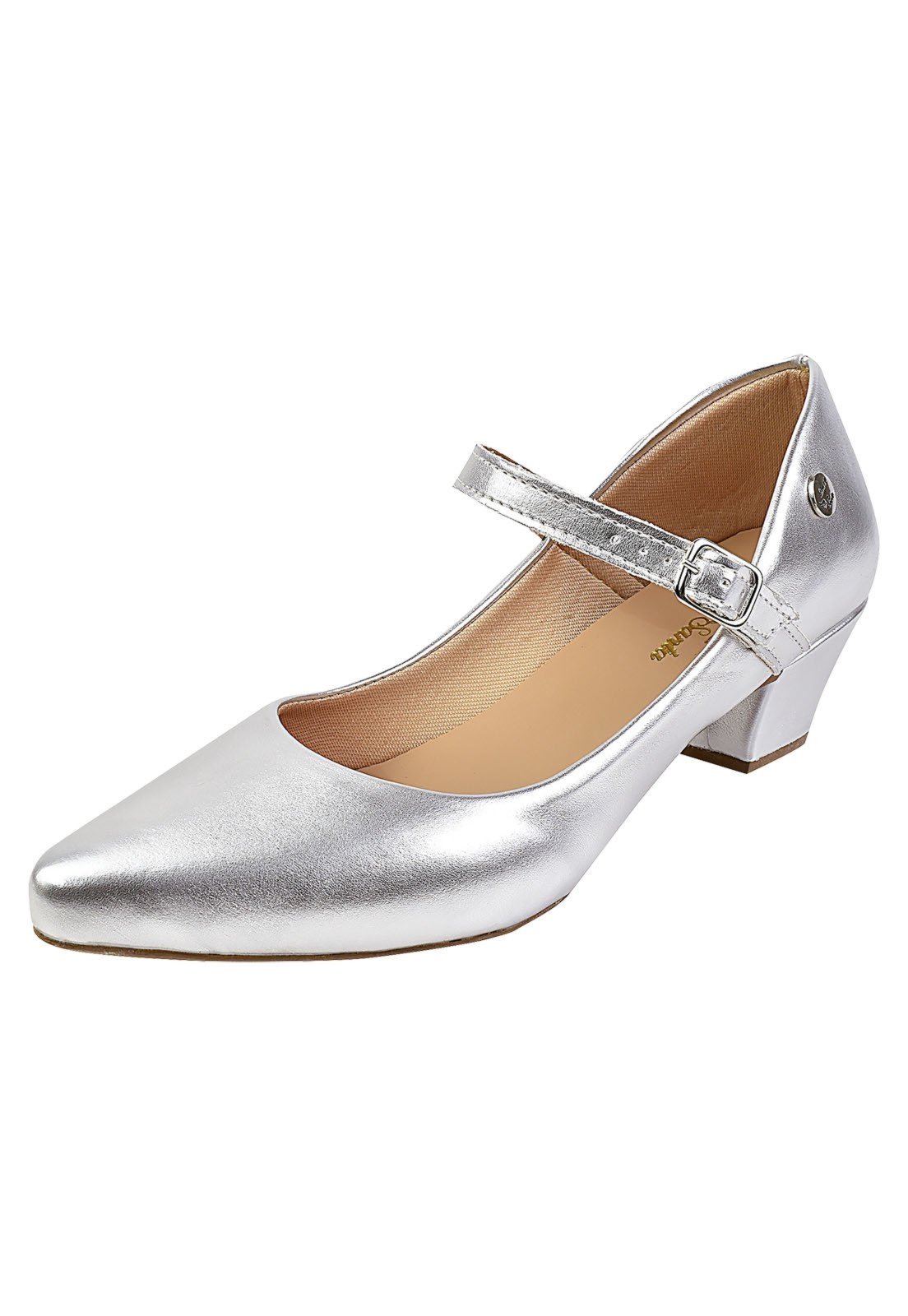 Scarpin Feminino Boneca Bico Fino Salto Grosso Prata