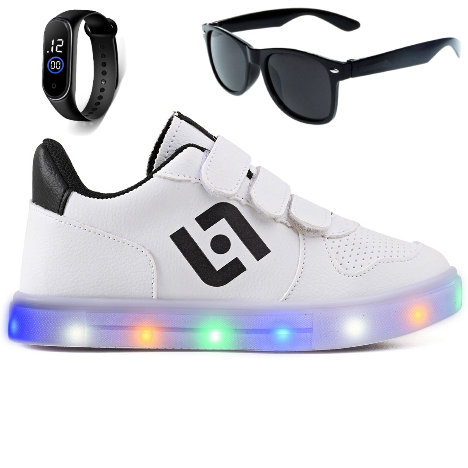 Infantil – Tenis de Led Casual Meninos Street Calce Facil Branco e Preto + Oculos e Relogio