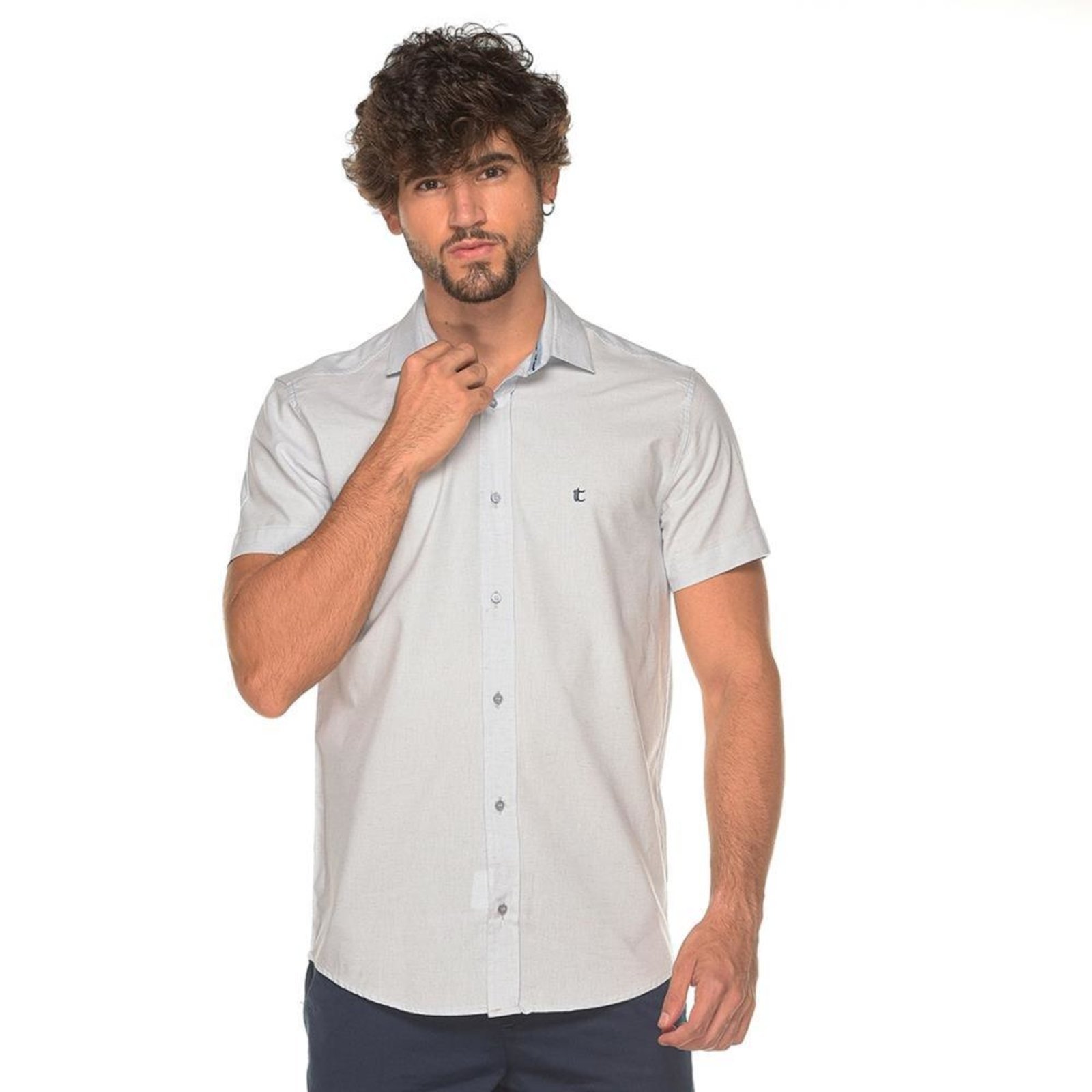 Camisa Manga Curta Slim Masculina Linho Levinho Lisa Jovem Azul Claro G Azul
