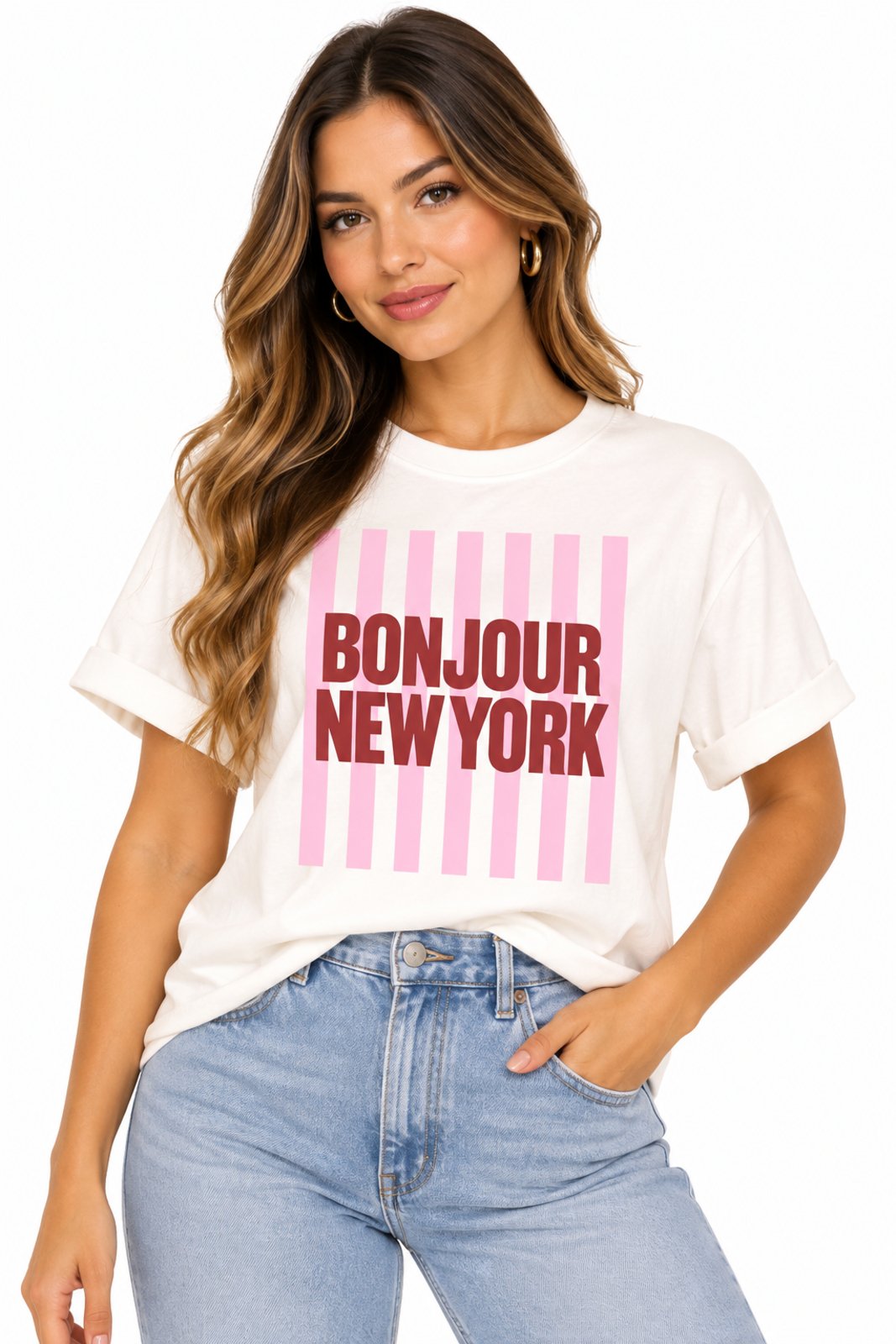 Camiseta Feminina D Bell Outlet Fashion Oversized Bonjour New York Off White