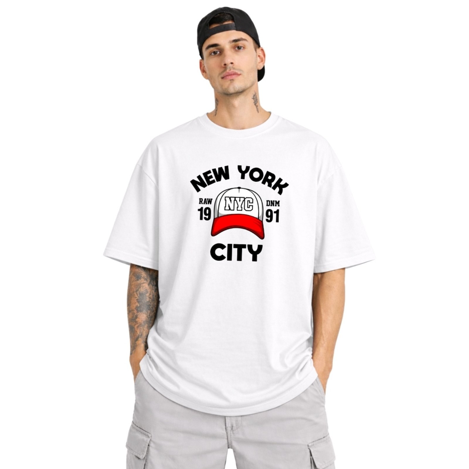 Camiseta Oversized de Algodão Masculina Ideal para Academia e Esportes Gola Redonda Estampado