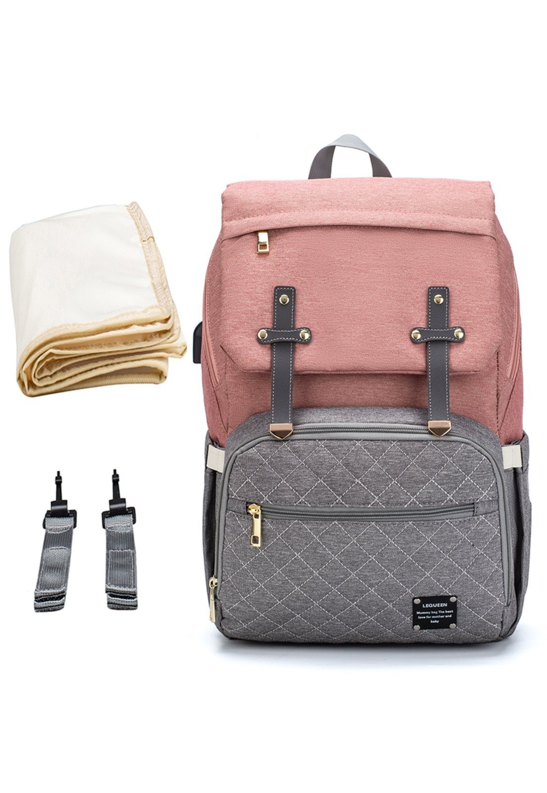 Mochila Bolsa Lequeen Maternidade Reforçada Rosa/Cinza