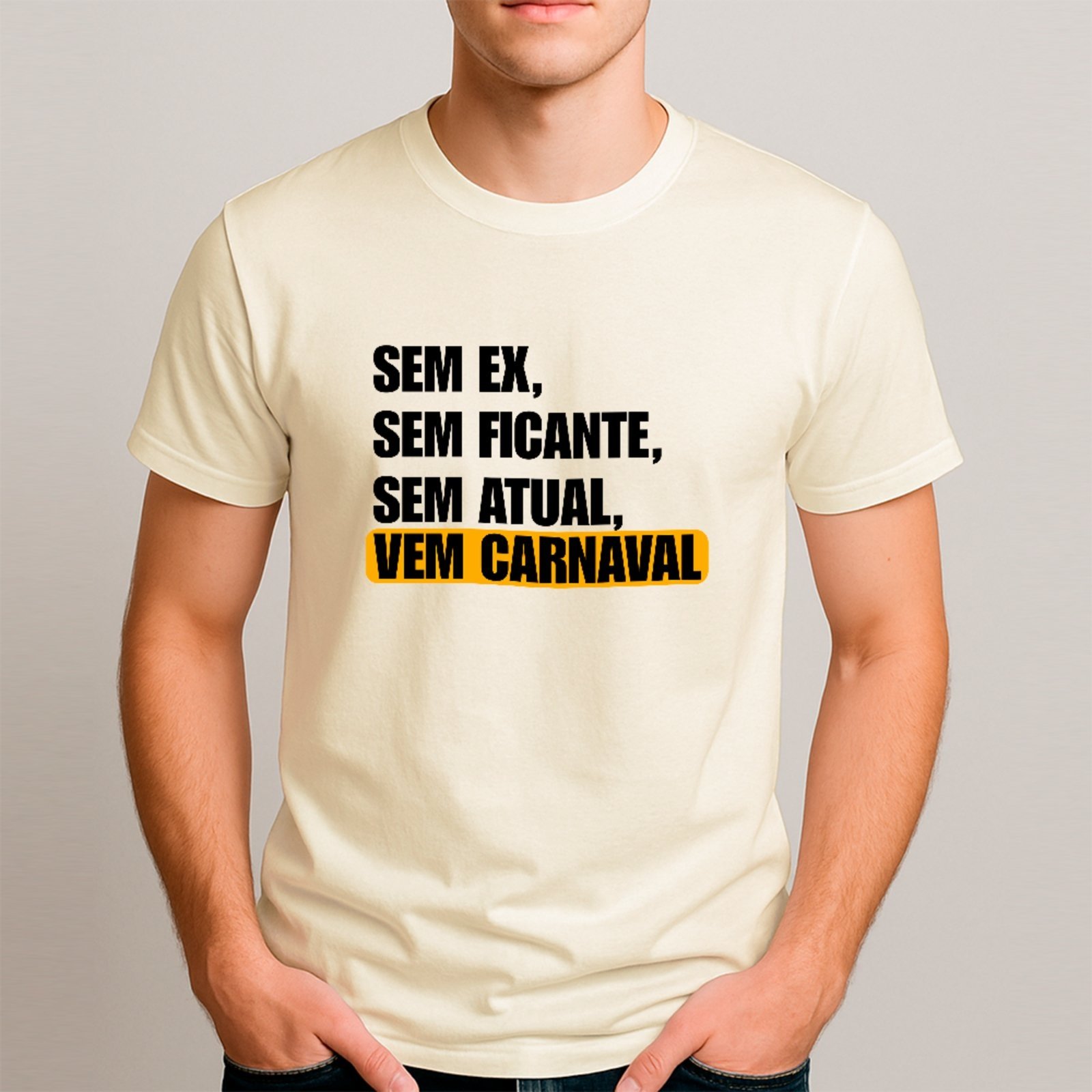 Vista 2 Camiseta Ousy Básica Vem Carnaval Humor De Solteiro Meme Unissex Off White off-white white ousy off-white white