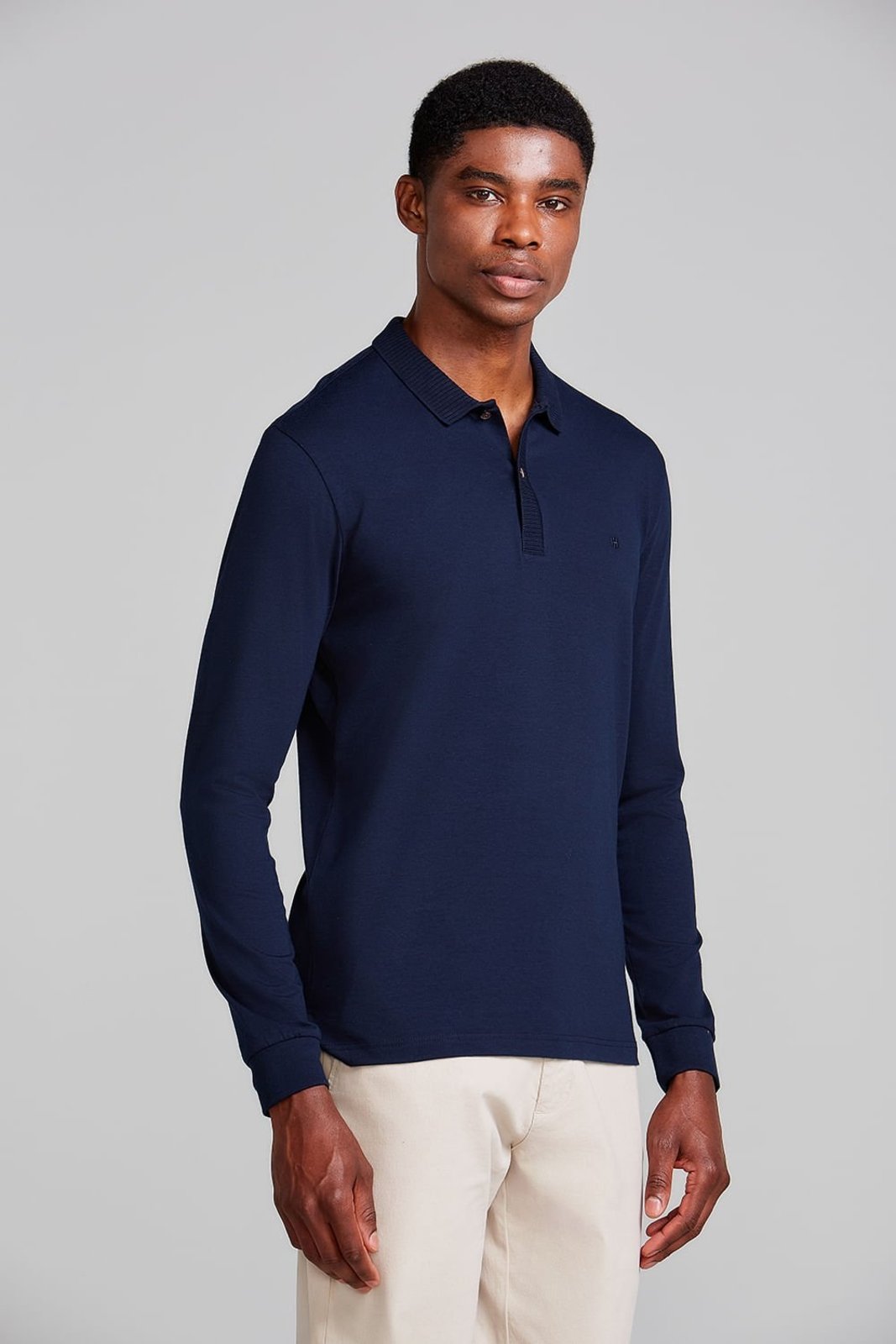 HIGHSTIL Camisa Polo Manga Longa Malha Slim Fit - Azul Marinho