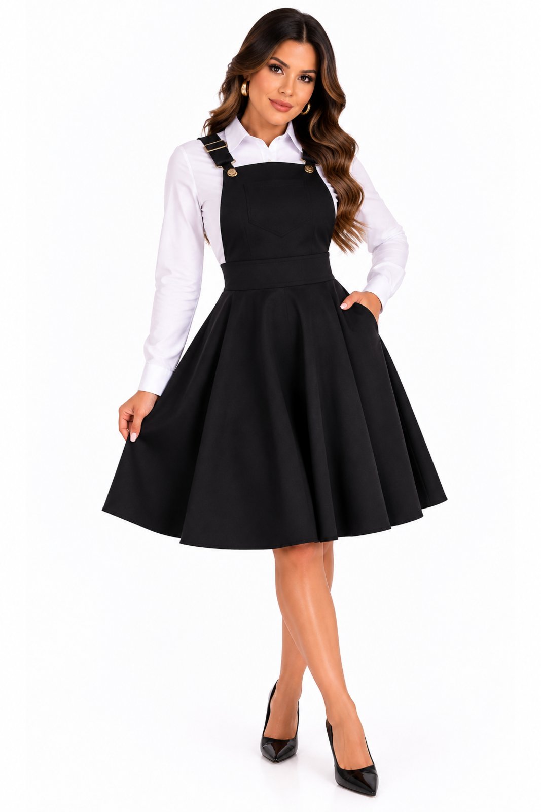 Jardineira D Bell Outlet Fashion Midi Evase em Sarja Preto
