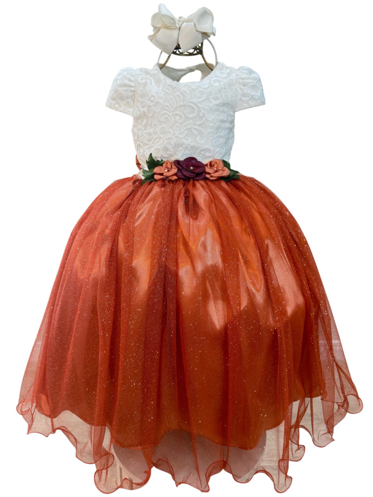 Infantil - Vestido Festa Longo Off White Saia Laranja Cobre Terracota Florista Dama Daminha Casamento Formatura Social Menina Juvenil Juvenil Princesa Rodado Aniversário Luxo