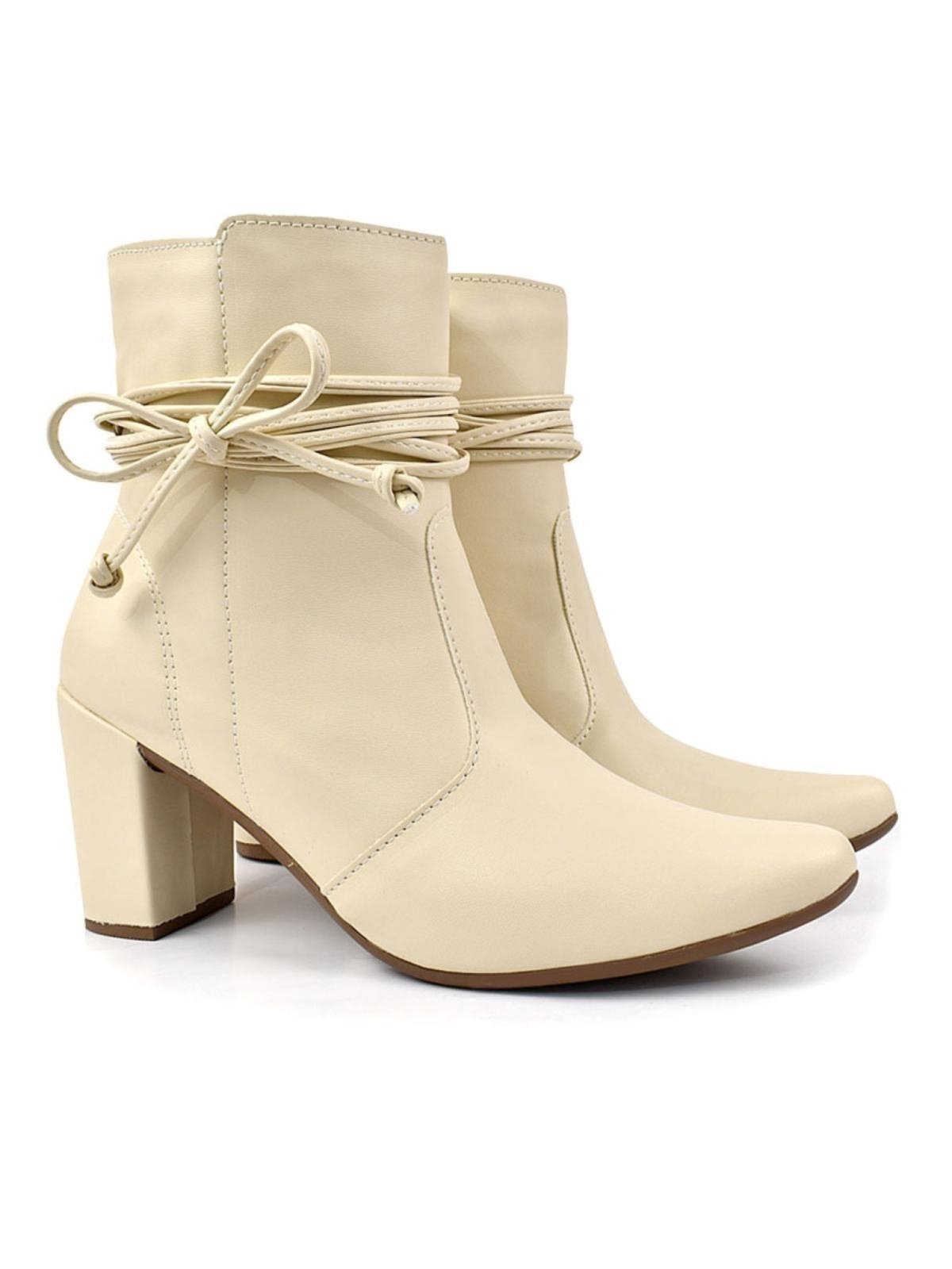 Bota bico fino salto fashion confortável de amarrar OLZZY Off White