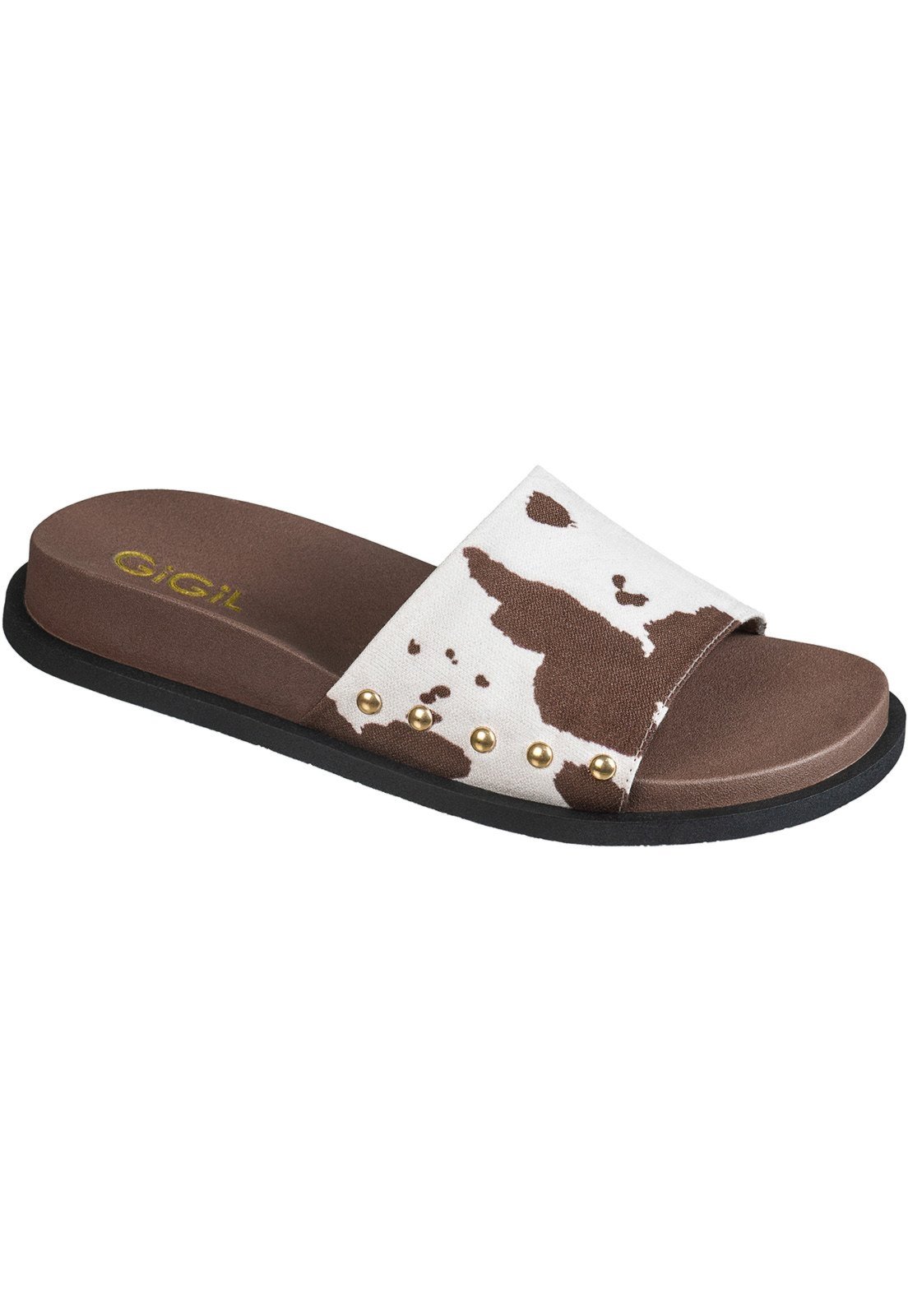 Vista 3 Sandália Feminina GiGiL Papete Rasteira Slide Vaquinha Moderno Confortável Tecido Estampa Vaca caramelo/estampado/marrom Gigil caramelo/estampado/marrom