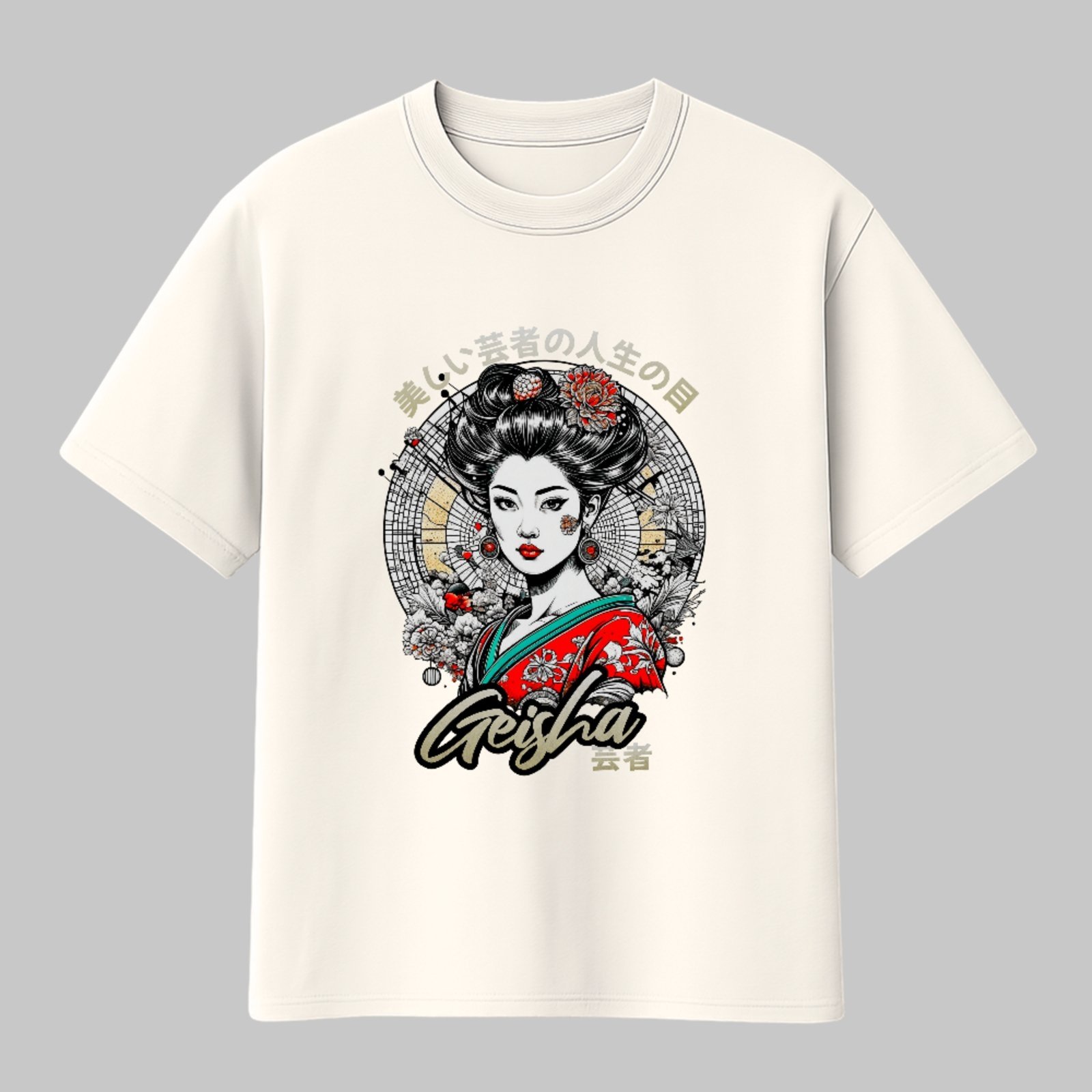 Camiseta Básica Geisha Japan Style Estampa Unissex Off White