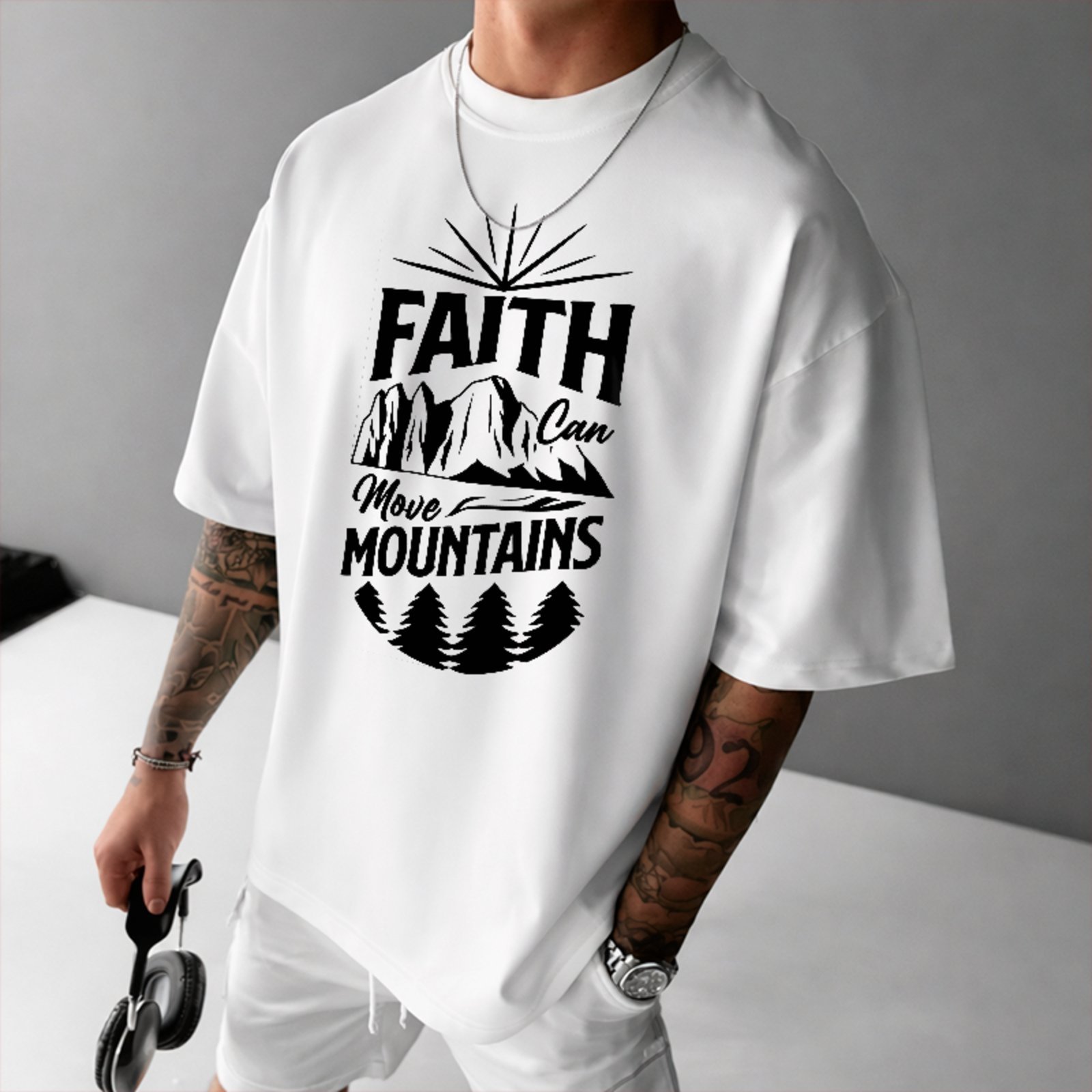 Camiseta Oversized Fé Move Mountains Streetwear Gospel Style Branco