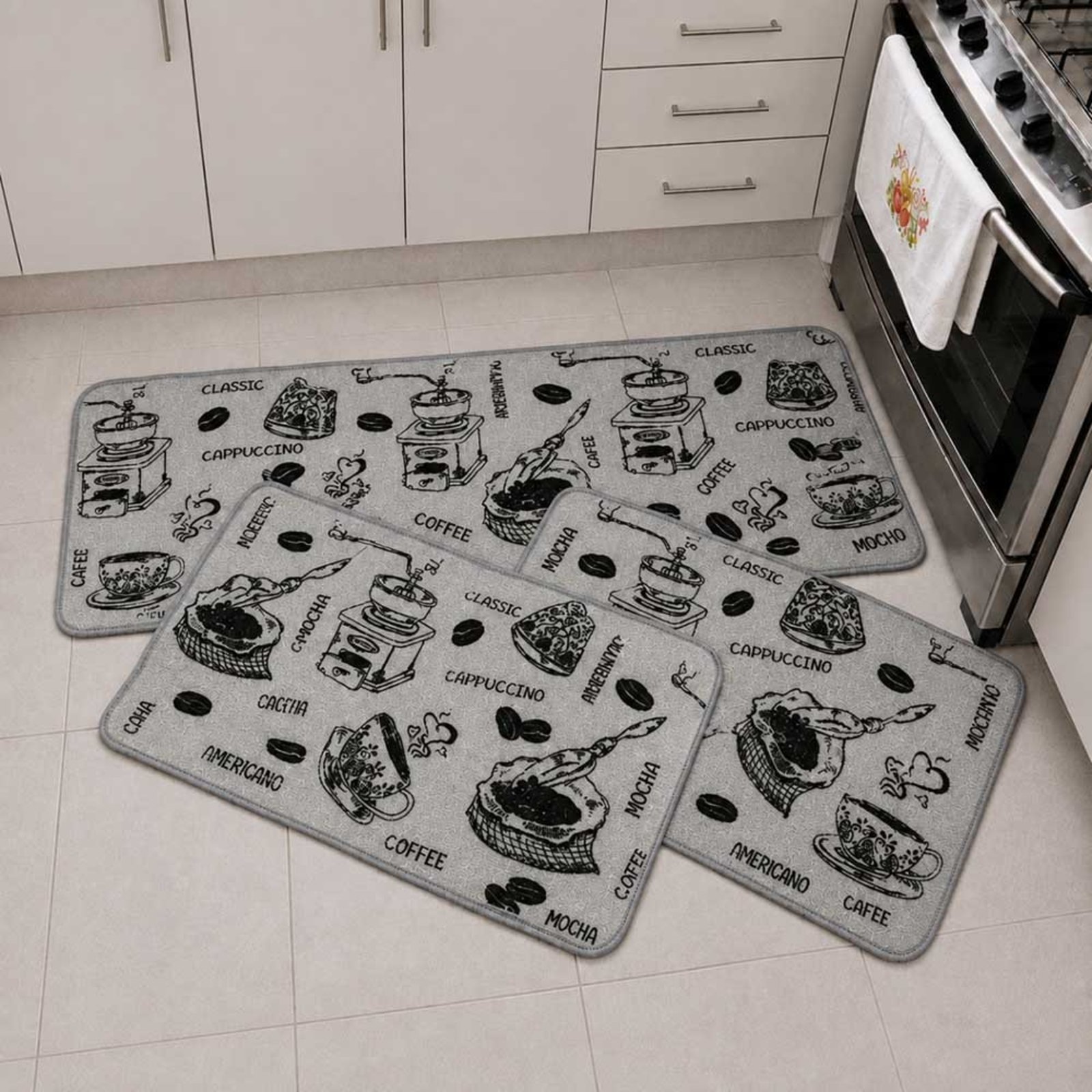 Kit Tapete para Cozinha 3 Peças Passadeira Antiderrapante Emborrachada Carpete Café Cinza