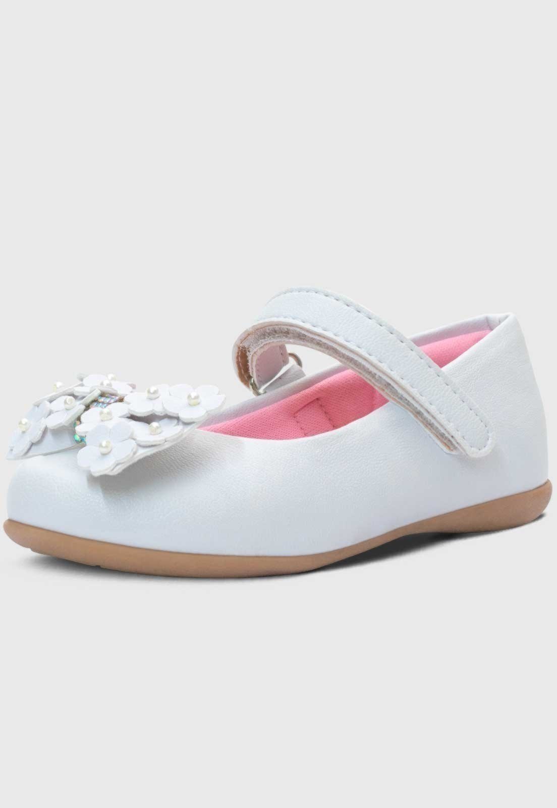 Infantil – Sapatilha Menina Popidi Batizado Calce Facil Laço Flores Branca