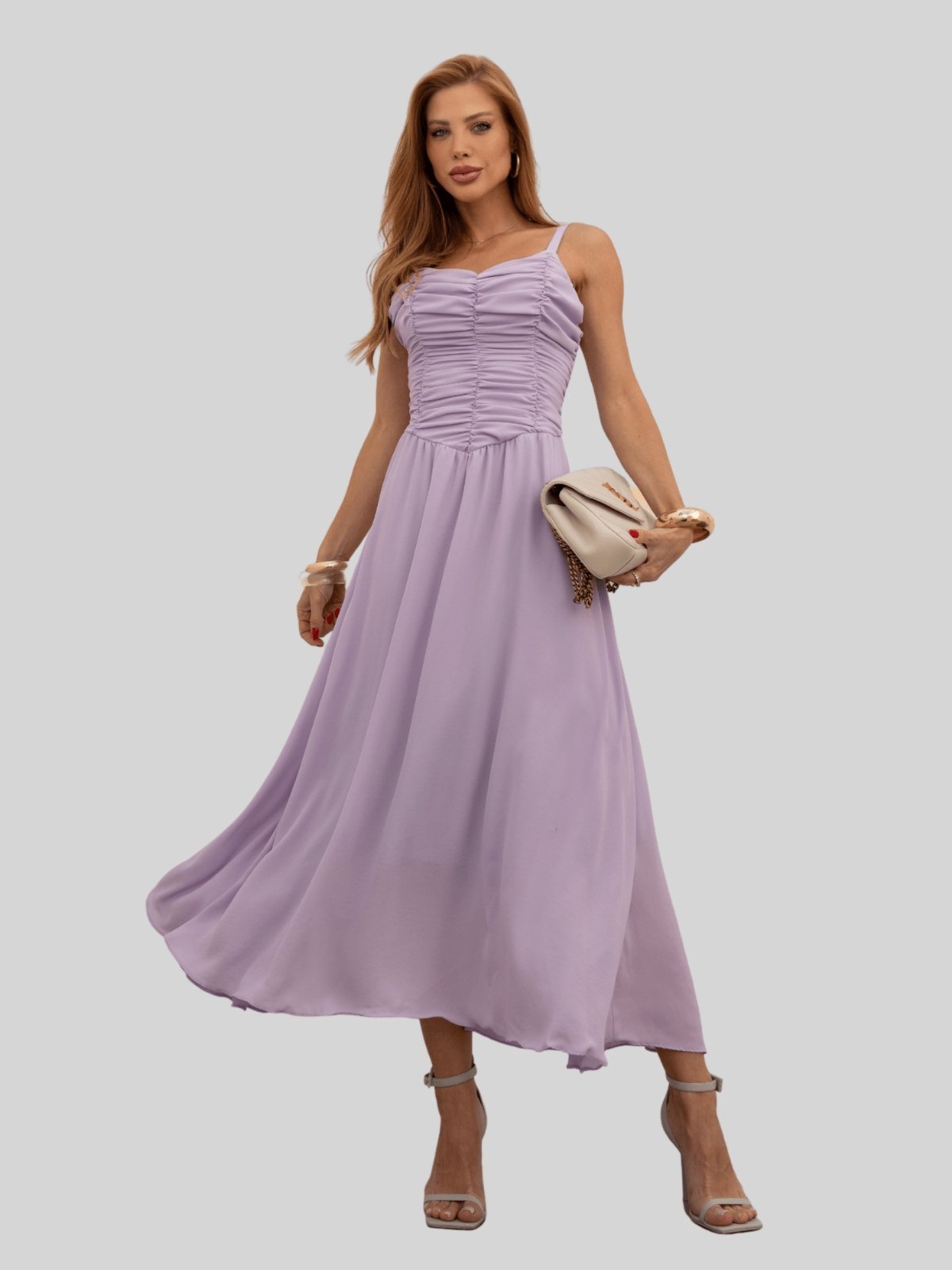 Vestido Miss e Misses Cristina Midi Crepe C/Franzido Busto Lilas