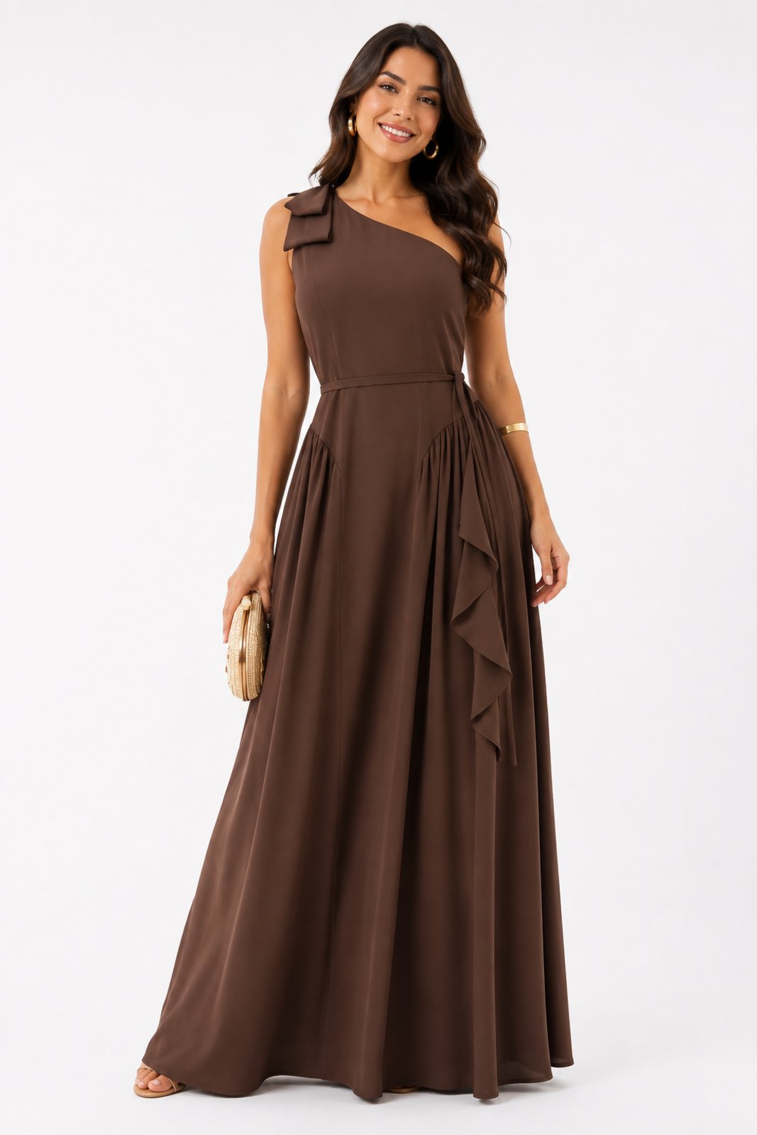 Vestido Longo D Bell Outlet Fashion Nula Manga Marrom