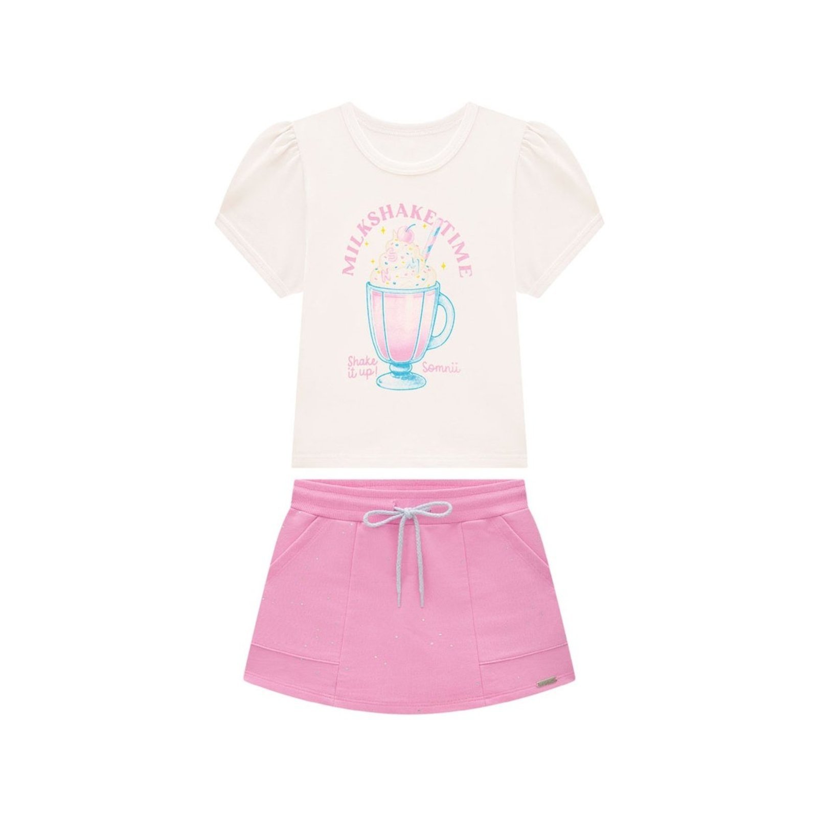 Infantil - Conjunto Menina com Blusa em Cotton e Short Saia com Brilho