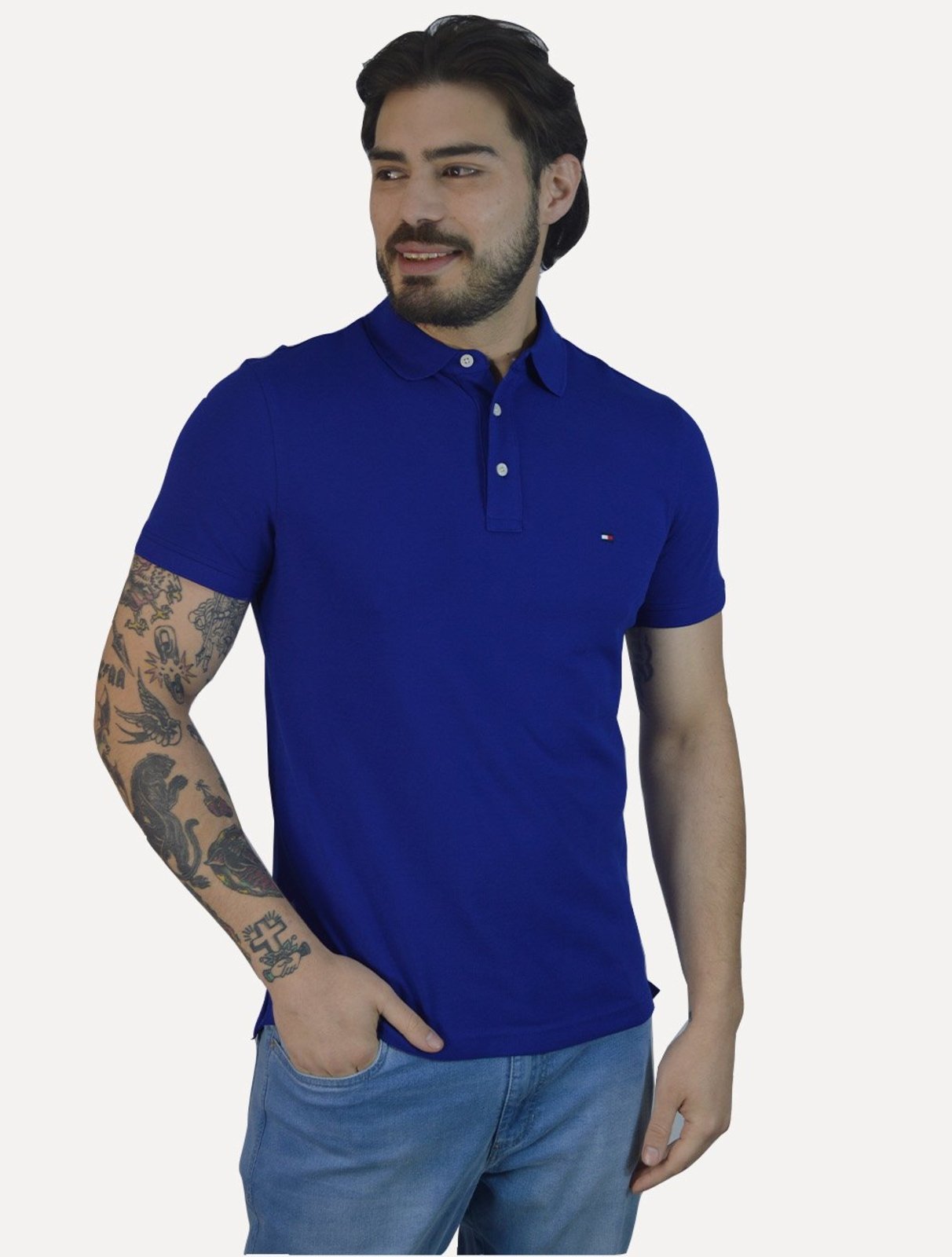 Polo Tommy Hilfiger Masculina Slim Piquet 1985 Azul Royal