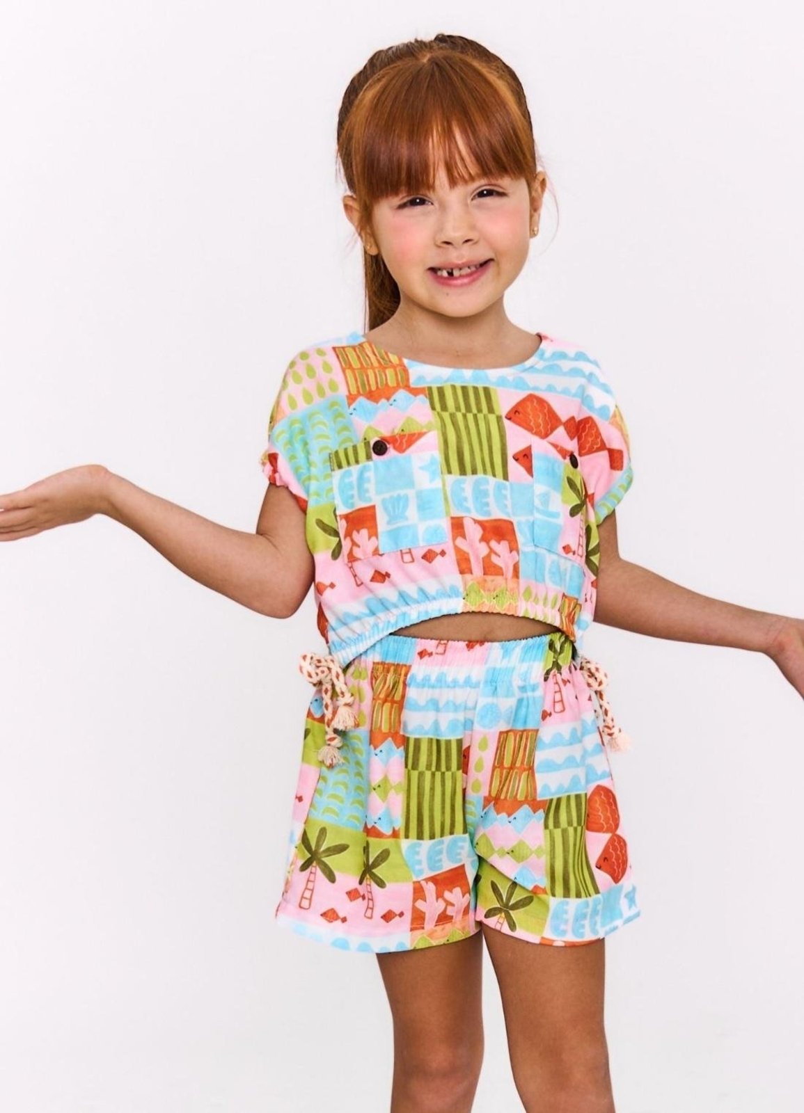 Infantil - Conjunto Blusa e Shorts Menina Estampa Geopraia Branco