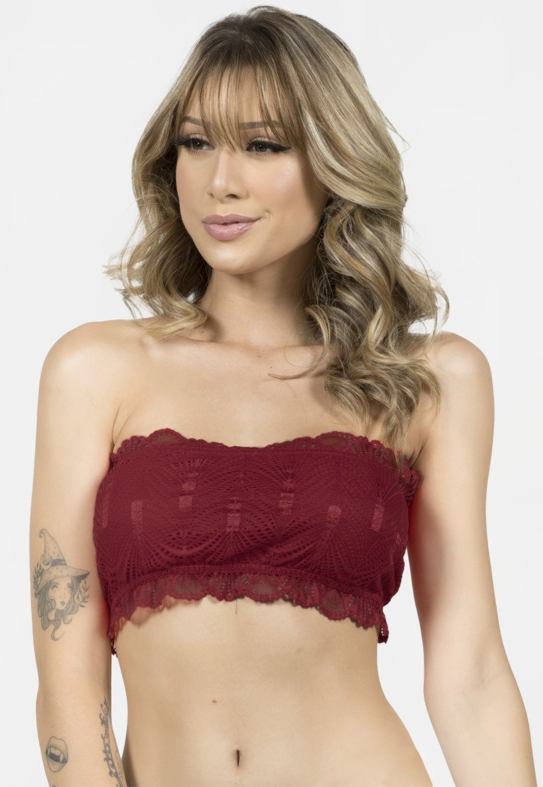 Vista 2 Sutiã Feminino Serra e Mar Modas Tomara que Caia Top Renda vinho SERRA E MAR MODAS vinho