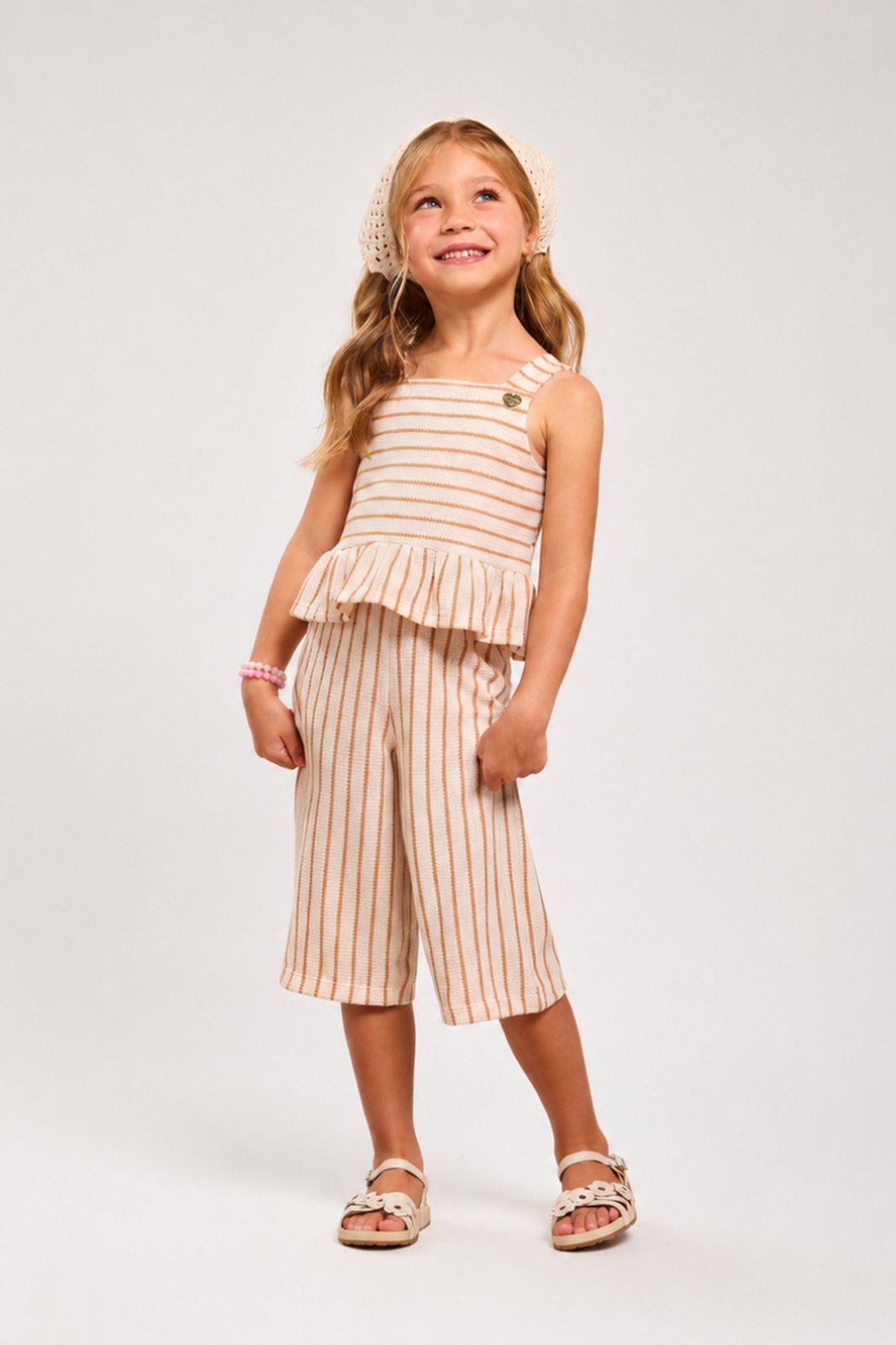 Infantil - Conjunto Menina Calça Pantacourt Tricot Listrado Marrom