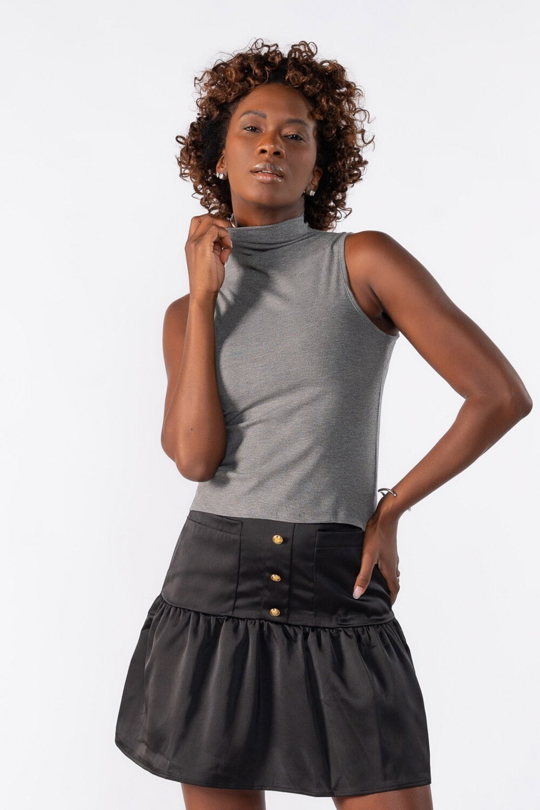 Blusa gola alta canelada Cinza