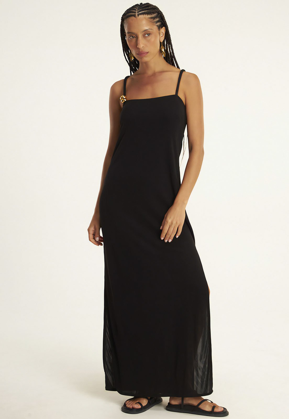 Vestido Cantão Longo Fenda Jersey Preto