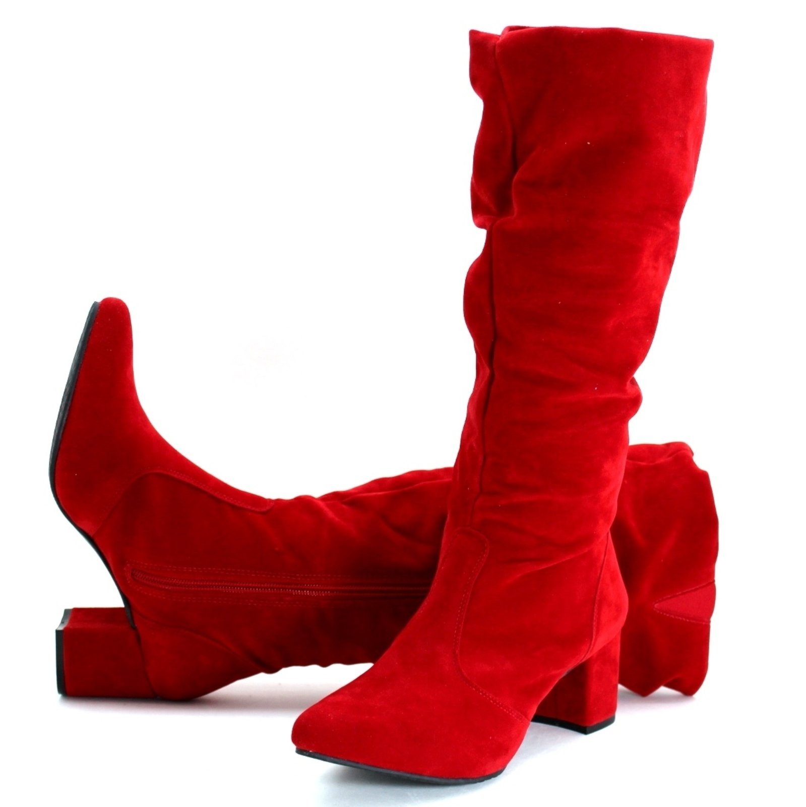 Botas Femininas Cano Alto Lirom Salto Grosso Bico Bino Confortável Vermelha