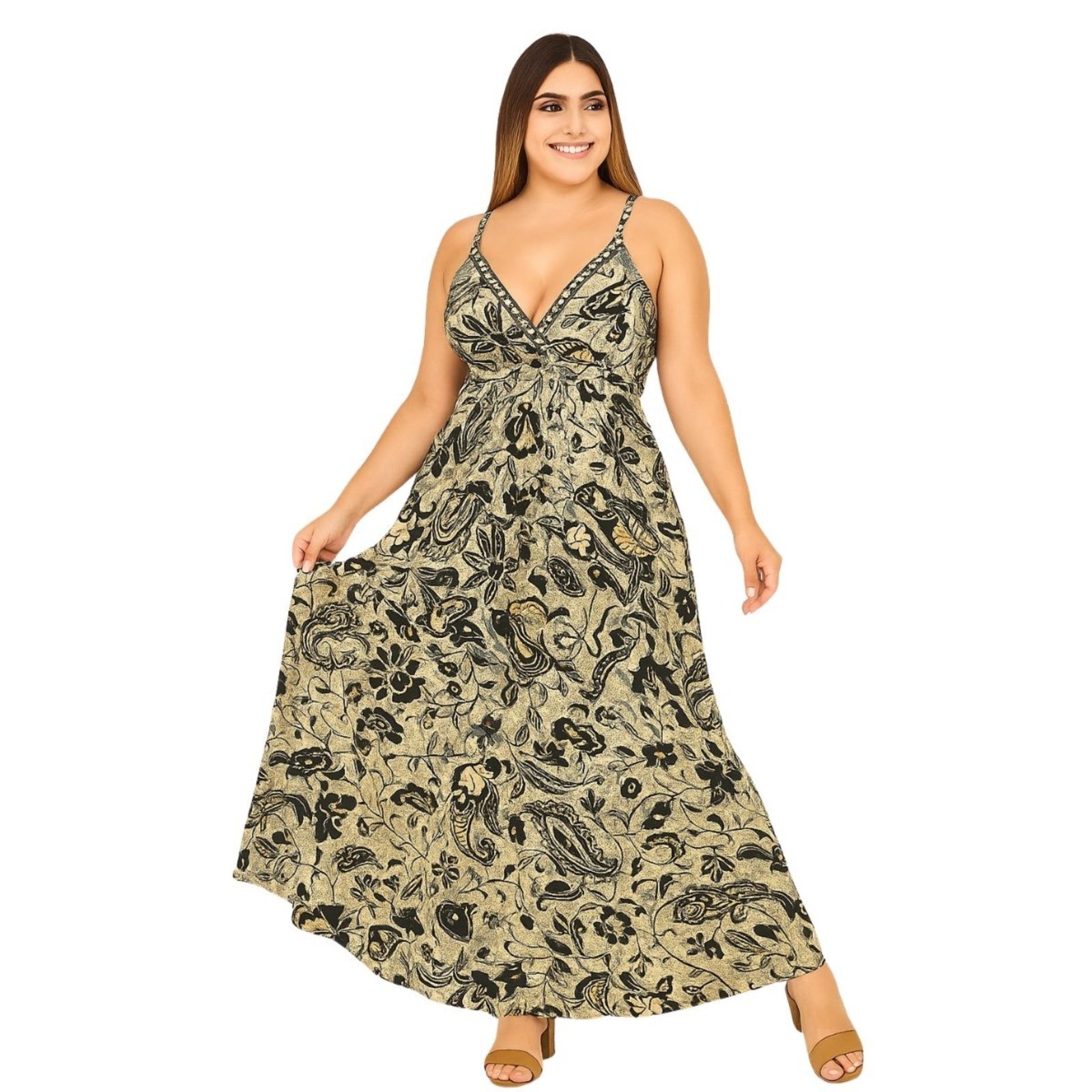 Vestido Longo Indiano FMF Estampa Linha Premium Bege