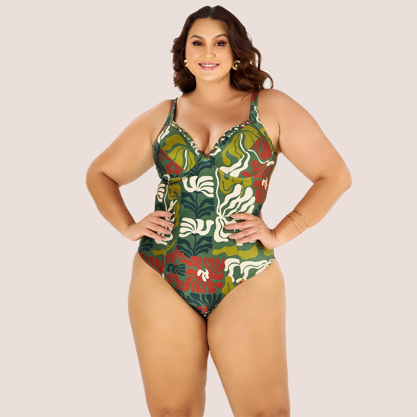 Maiô Banho de Mar Estampado com Bojo Zero Barriga Plus Size Verde